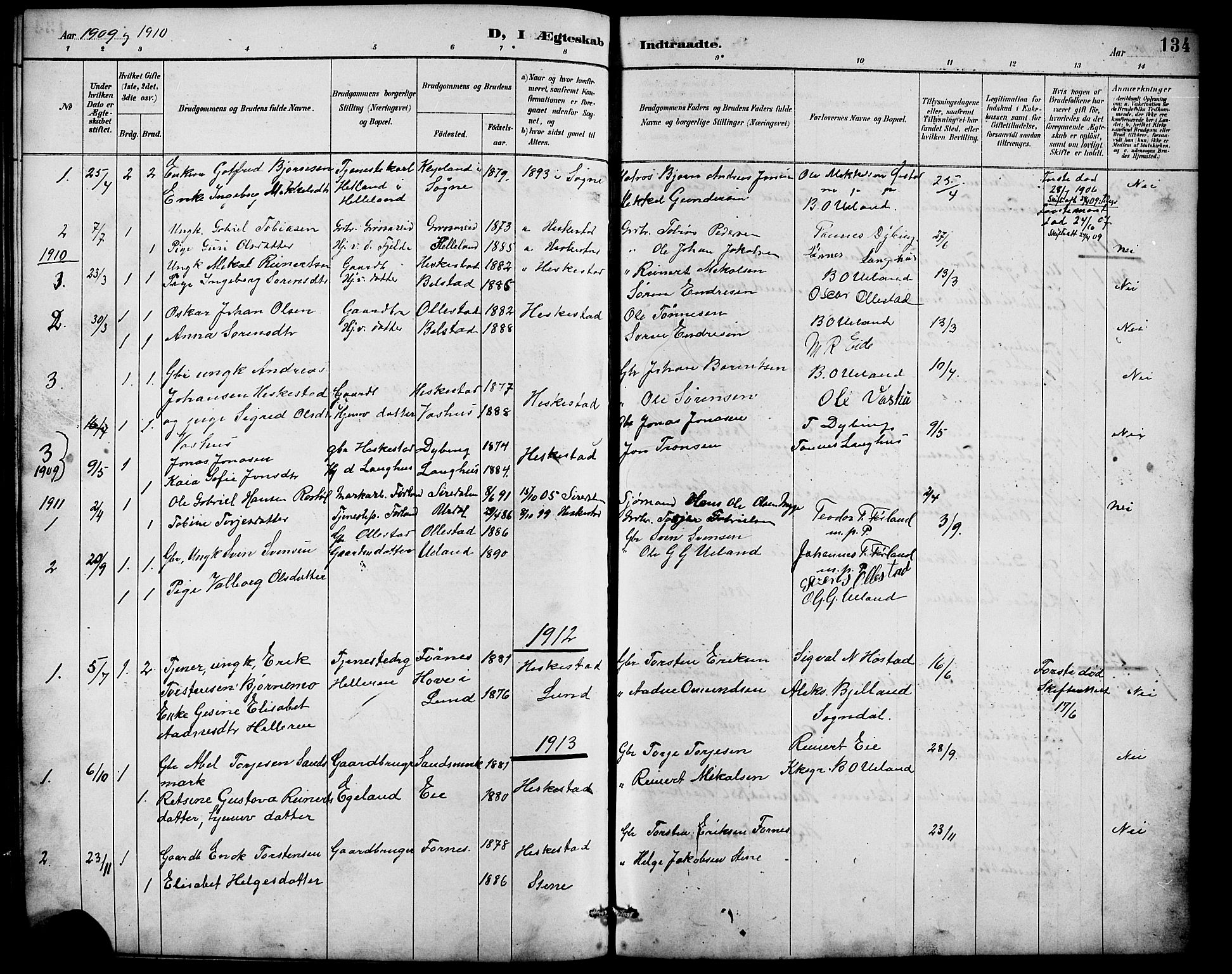 Lund sokneprestkontor, AV/SAST-A-101809/S07/L0007: Parish register (copy) no. B 7, 1890-1925, p. 134