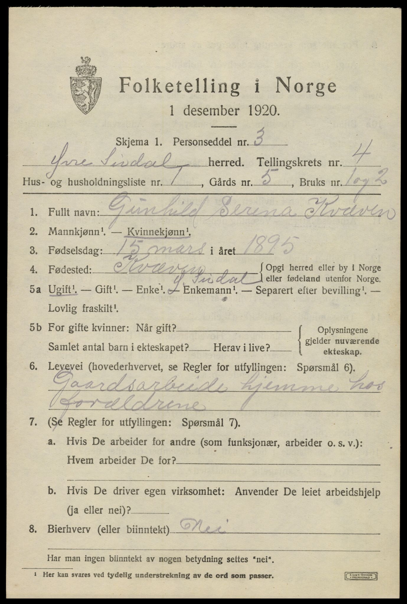 SAK, 1920 census for Øvre Sirdal, 1920, p. 727