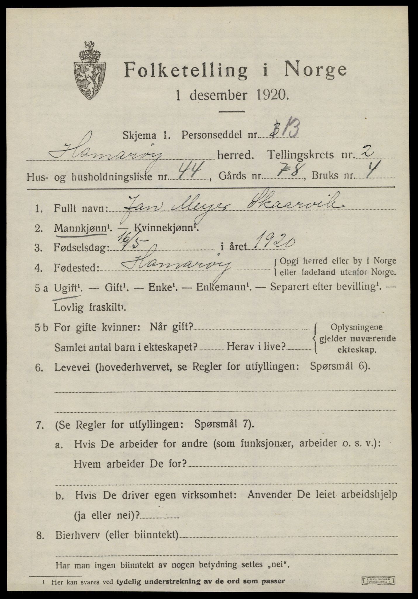 SAT, 1920 census for Hamarøy, 1920, p. 2002