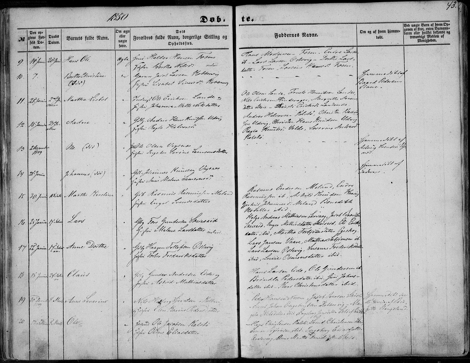 Avaldsnes sokneprestkontor, AV/SAST-A -101851/H/Ha/Haa/L0008: Parish register (official) no. A 8, 1847-1857, p. 43