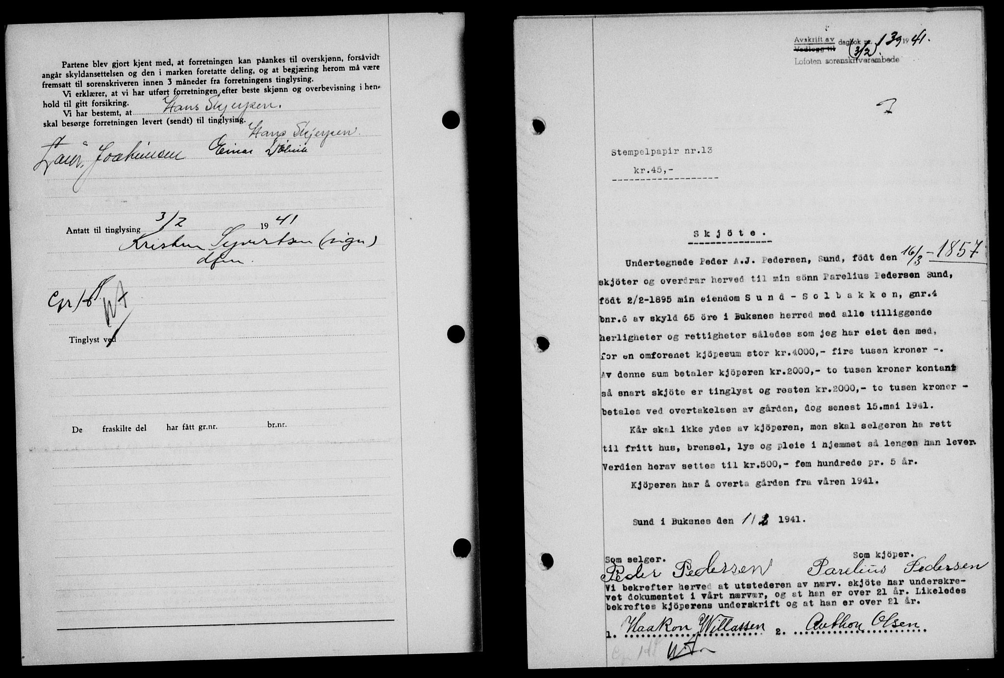 Lofoten sorenskriveri, SAT/A-0017/1/2/2C/L0008a: Mortgage book no. 8a, 1940-1941, Diary no: : 139/1941