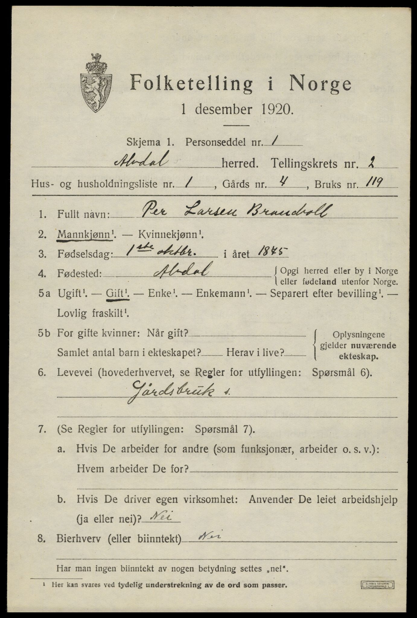 SAH, 1920 census for Alvdal, 1920, p. 1452