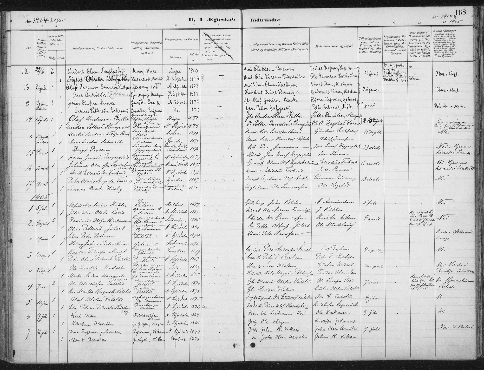 Ministerialprotokoller, klokkerbøker og fødselsregistre - Nord-Trøndelag, SAT/A-1458/709/L0082: Parish register (official) no. 709A22, 1896-1916, p. 168