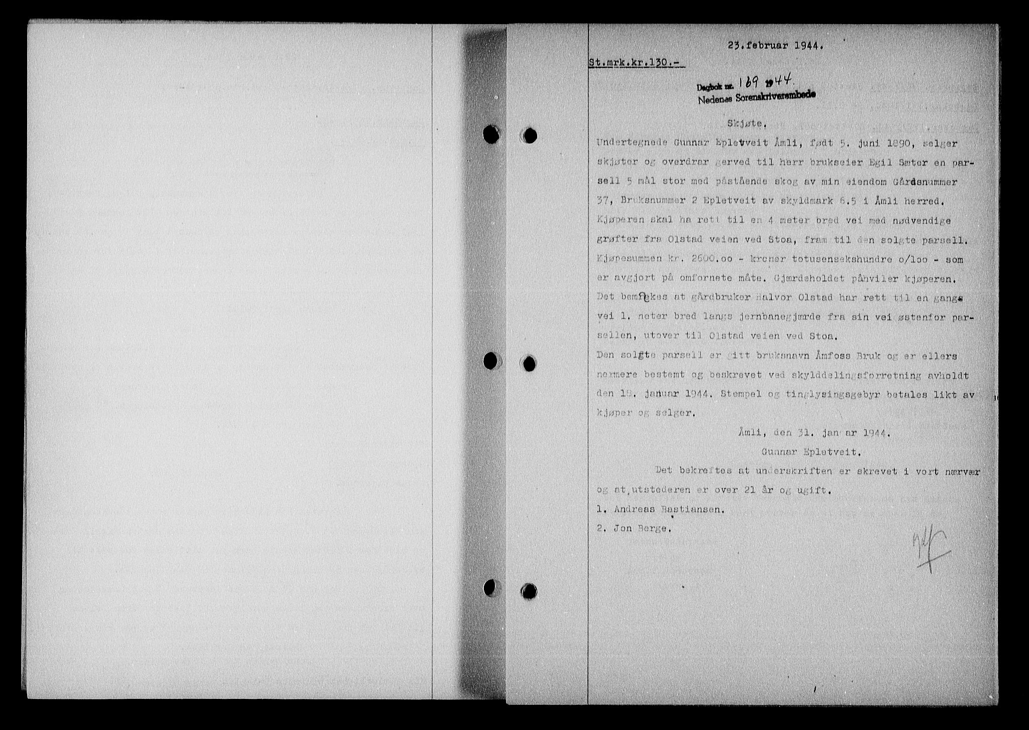 Nedenes sorenskriveri, SAK/1221-0006/G/Gb/Gba/L0051: Mortgage book no. A-V, 1943-1944, Diary no: : 169/1944