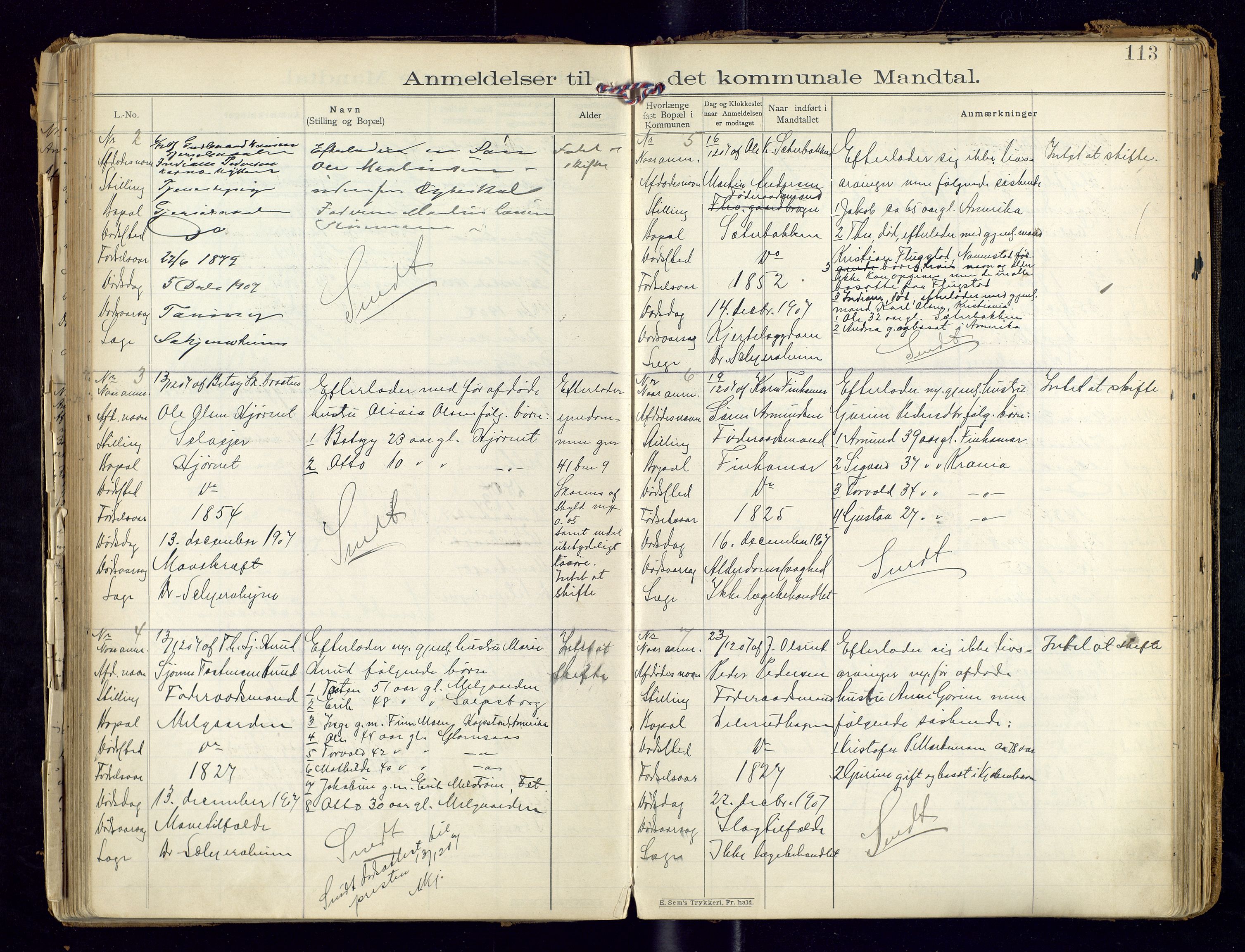 Sør-Odal lensmannskontor, AV/SAH-LHS-022/H/Hb/L0001/0002: Protokoller over anmeldte dødsfall / Protokoll over anmeldte dødsfall, 1901-1913, p. 113