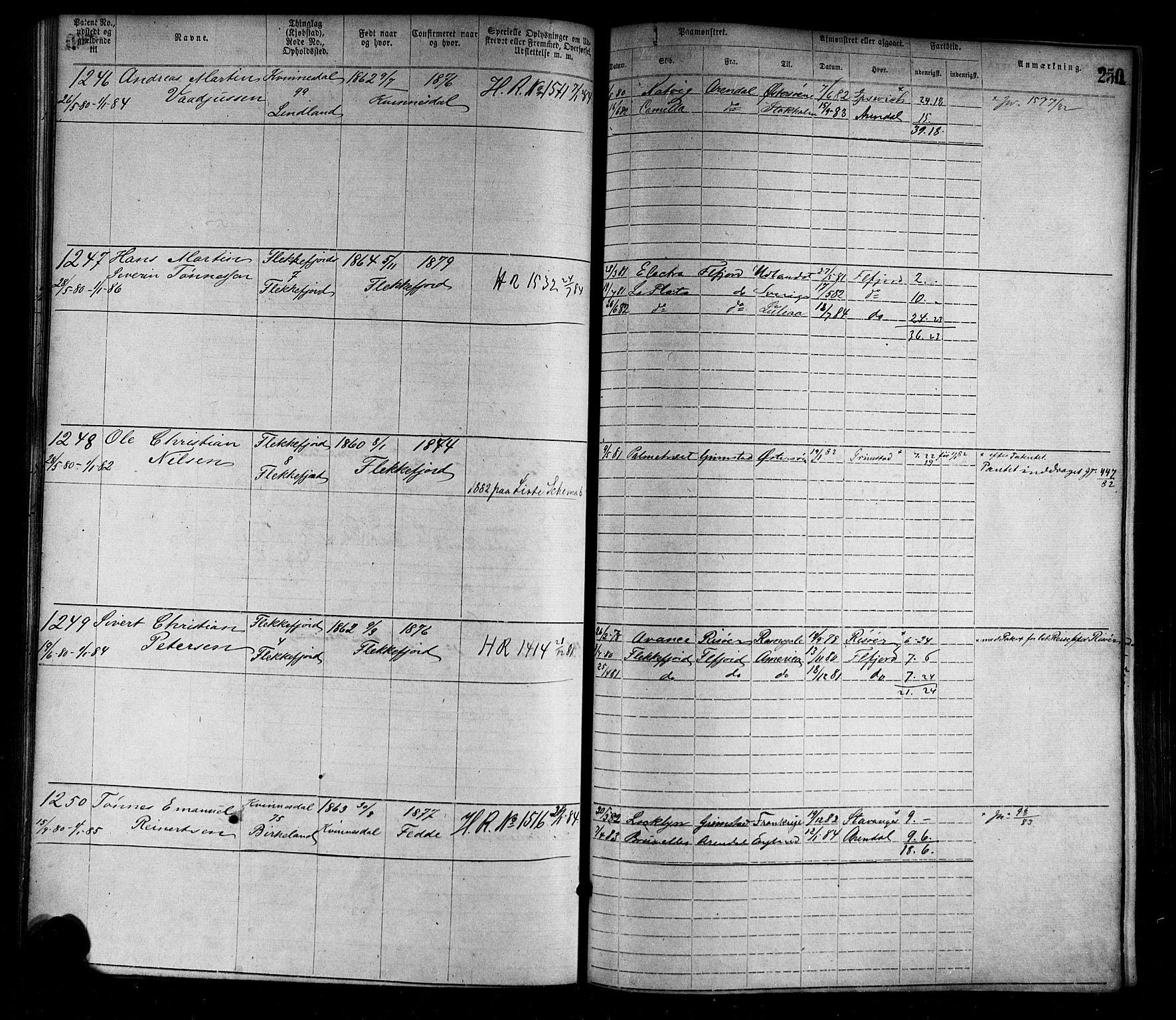 Flekkefjord mønstringskrets, AV/SAK-2031-0018/F/Fa/L0002: Annotasjonsrulle nr 1-1920 med register, N-2, 1870-1891, p. 278