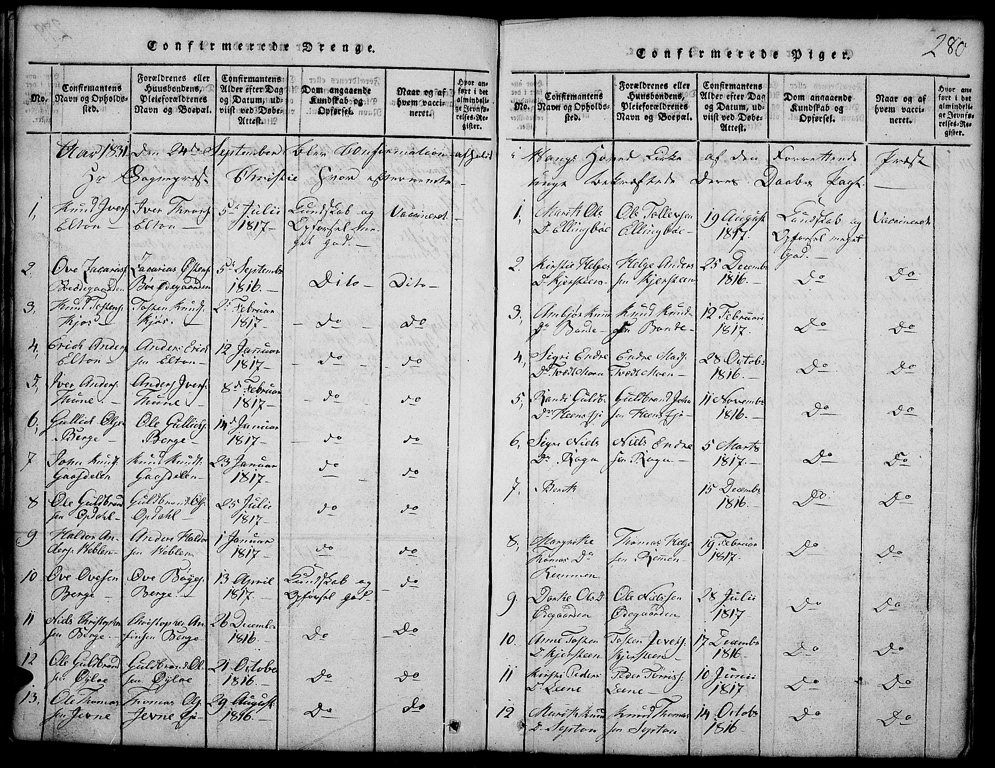 Vang prestekontor, Valdres, SAH/PREST-140/H/Hb/L0002: Parish register (copy) no. 2, 1814-1889, p. 280