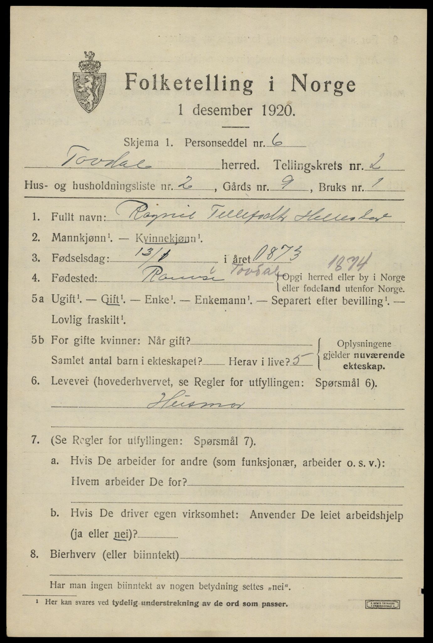 SAK, 1920 census for Tovdal, 1920, p. 333