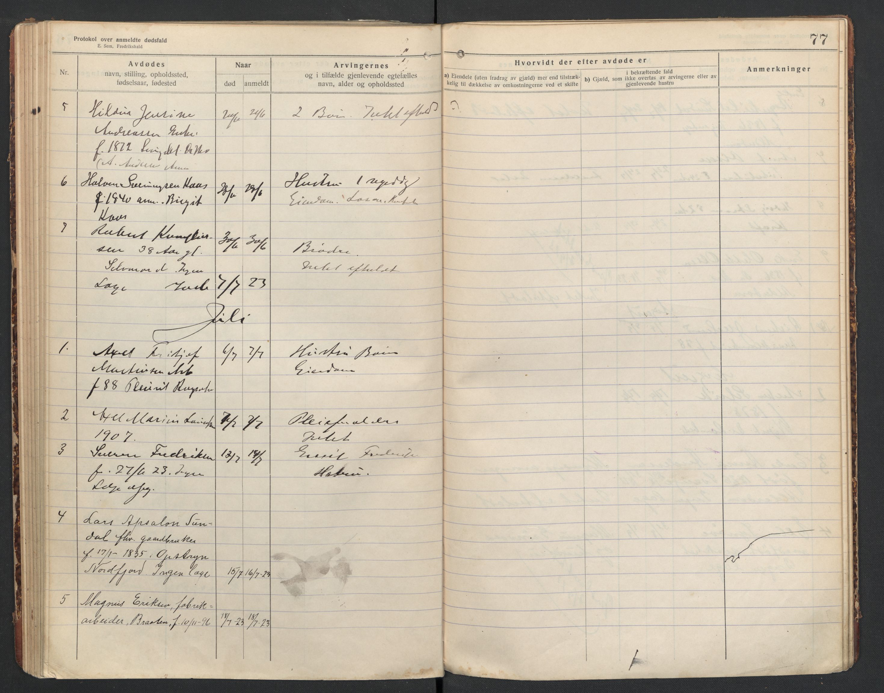 Hurum lensmannskontor, AV/SAKO-A-505/H/Ha/L0002: Dødsfallsprotokoll, 1916-1925, p. 77