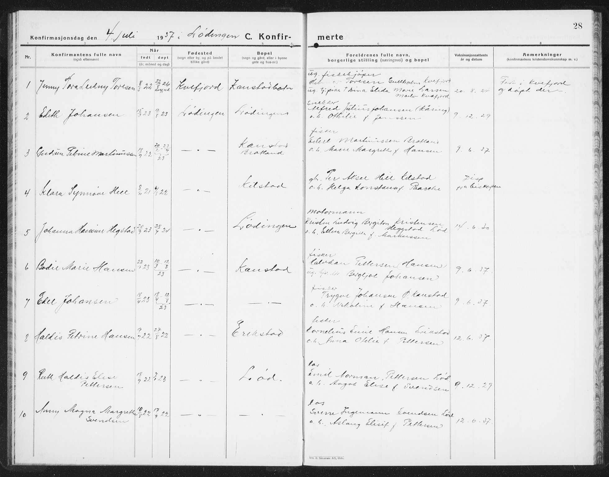 Ministerialprotokoller, klokkerbøker og fødselsregistre - Nordland, AV/SAT-A-1459/872/L1050: Parish register (copy) no. 872C06, 1932-1942, p. 28