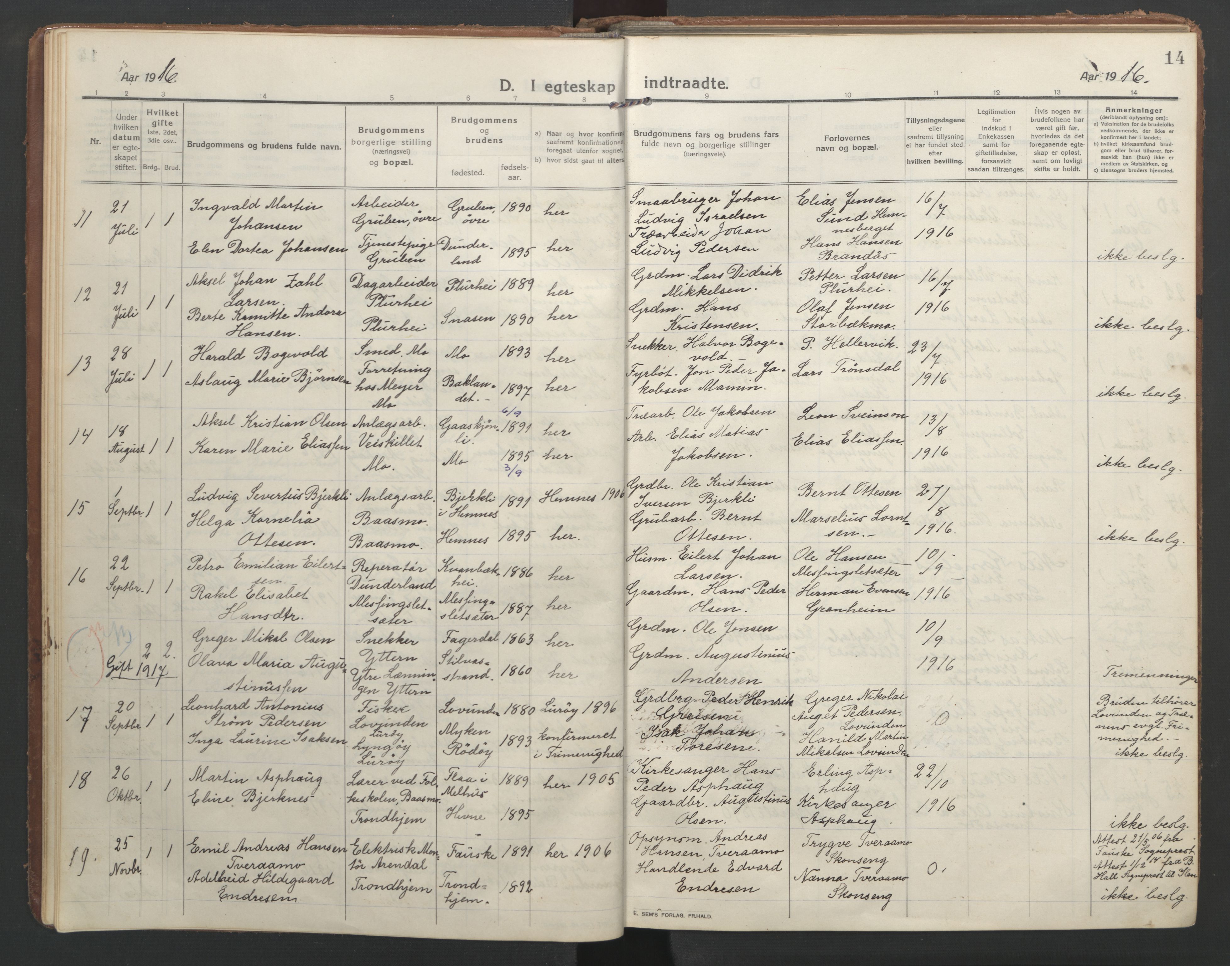 Ministerialprotokoller, klokkerbøker og fødselsregistre - Nordland, SAT/A-1459/827/L0405: Parish register (official) no. 827A17, 1912-1925, p. 14