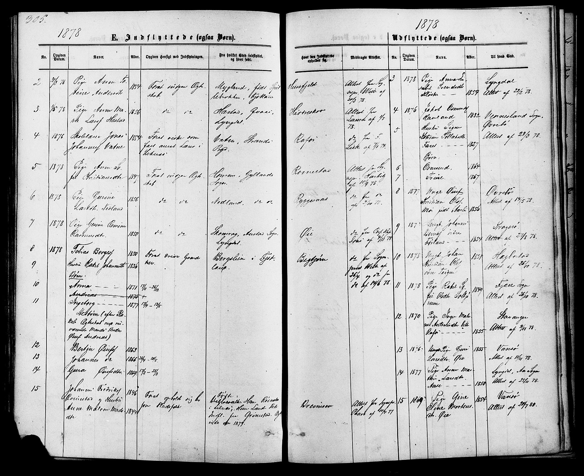 Kvinesdal sokneprestkontor, SAK/1111-0026/F/Fa/Fab/L0007: Parish register (official) no. A 7, 1870-1885, p. 305