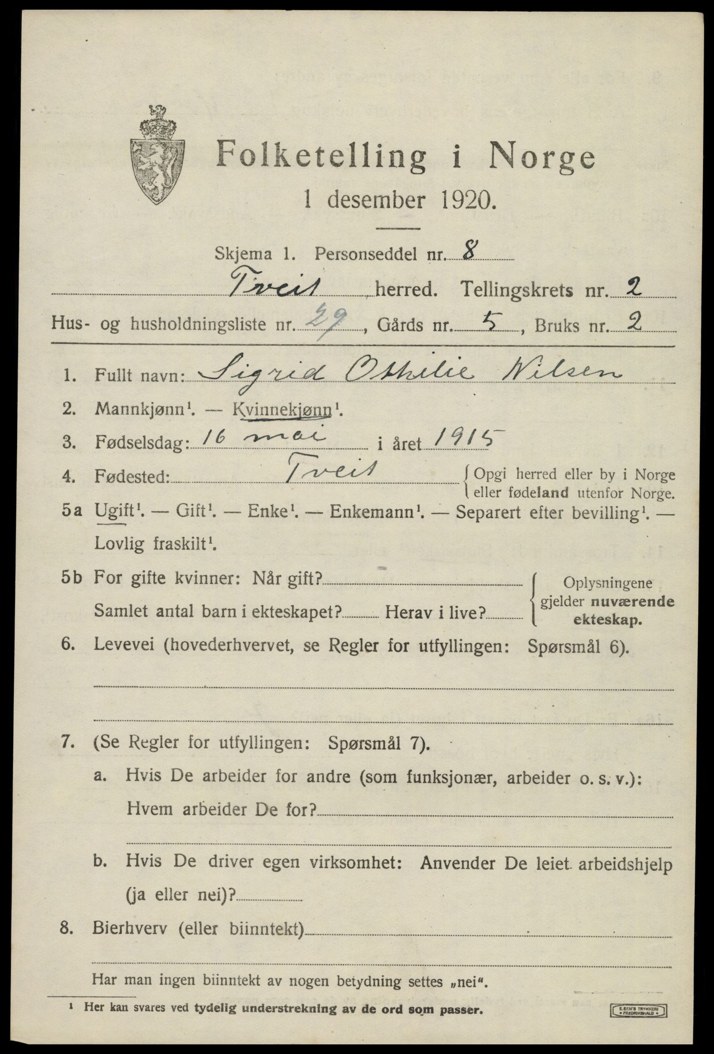 SAK, 1920 census for Tveit, 1920, p. 1484