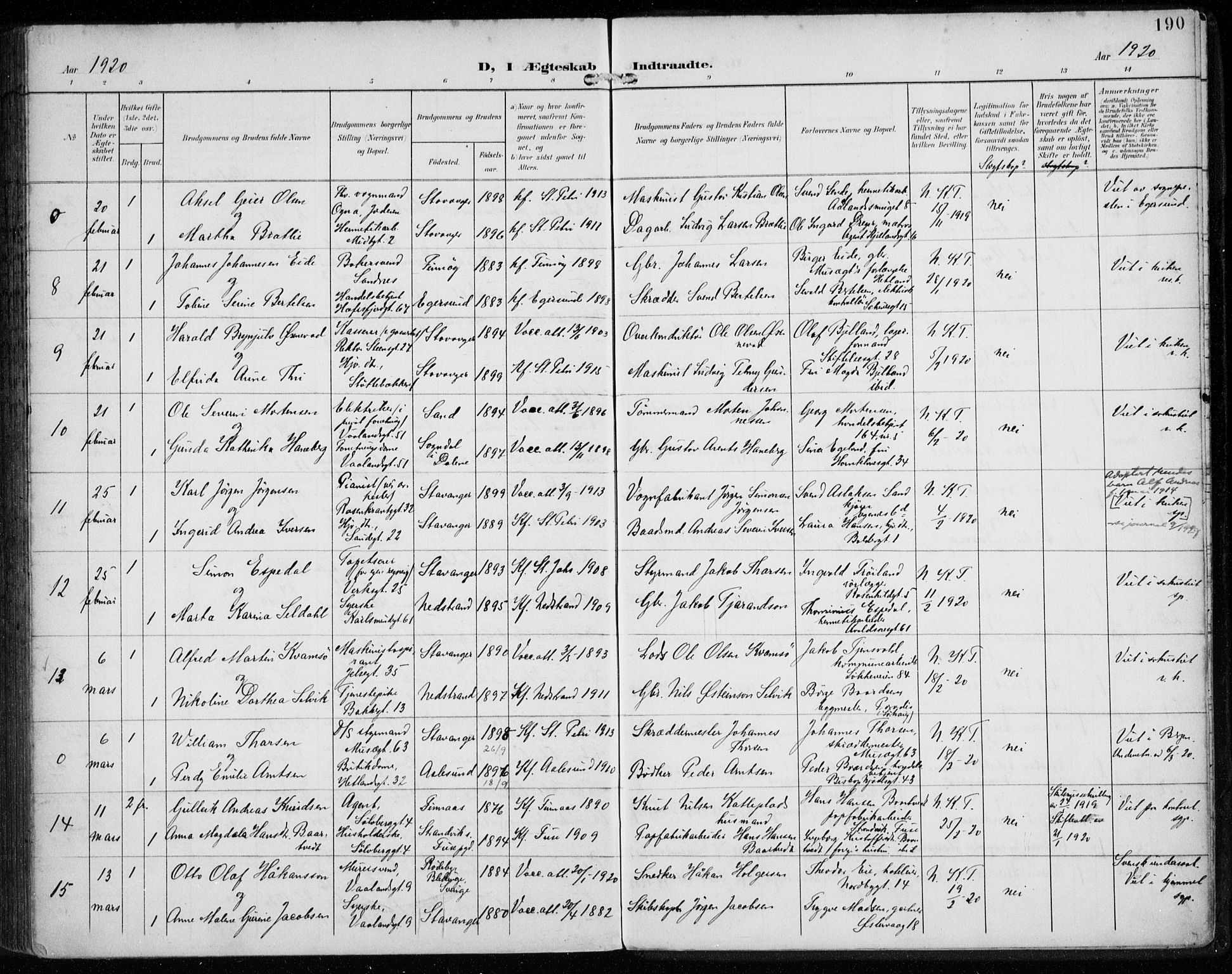 St. Petri sokneprestkontor, AV/SAST-A-101813/002/A/L0003: Parish register (official) no. A 24, 1900-1921, p. 190
