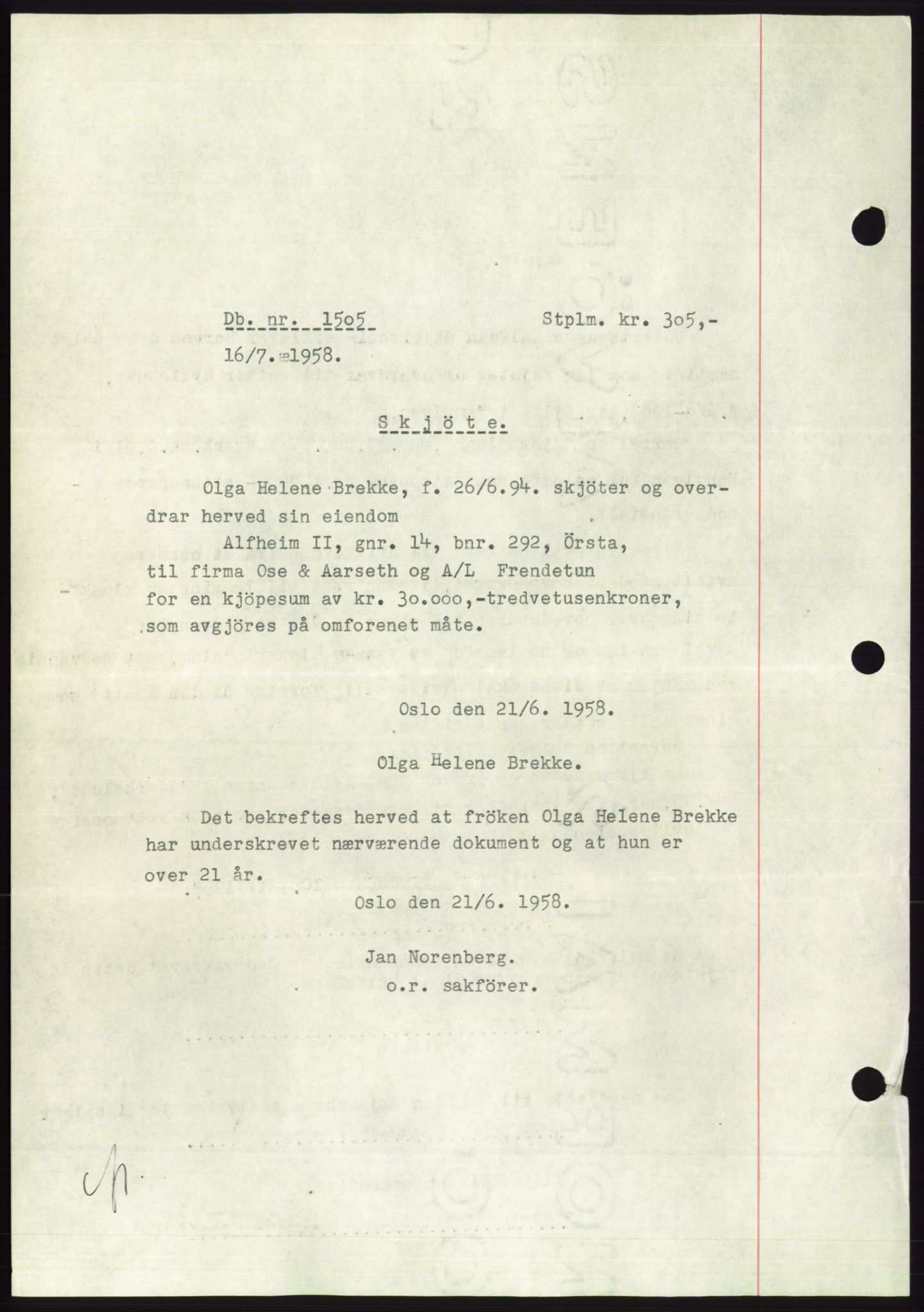 Søre Sunnmøre sorenskriveri, AV/SAT-A-4122/1/2/2C/L0110: Mortgage book no. 36A, 1958-1958, Diary no: : 1505/1958
