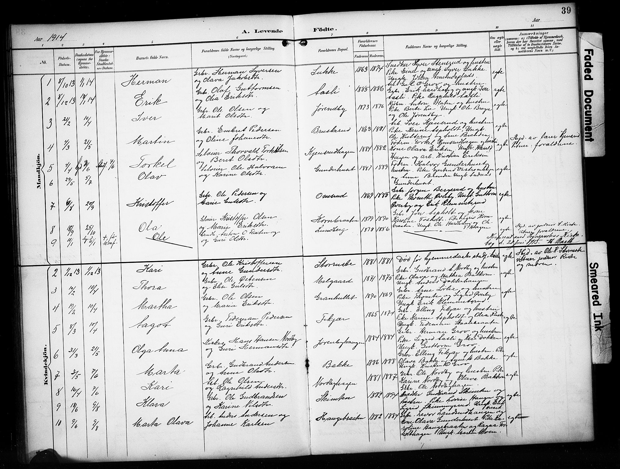 Sør-Aurdal prestekontor, SAH/PREST-128/H/Ha/Hab/L0017: Parish register (copy) no. 17, 1894-1923, p. 39