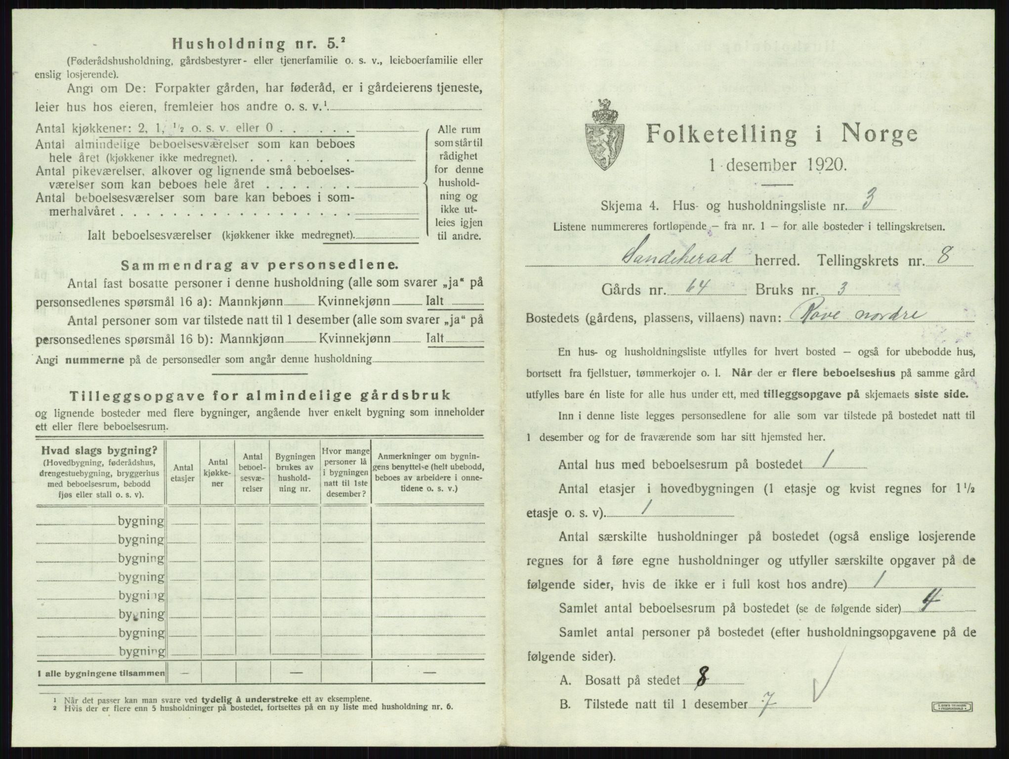 SAKO, 1920 census for Sandeherred, 1920, p. 1598