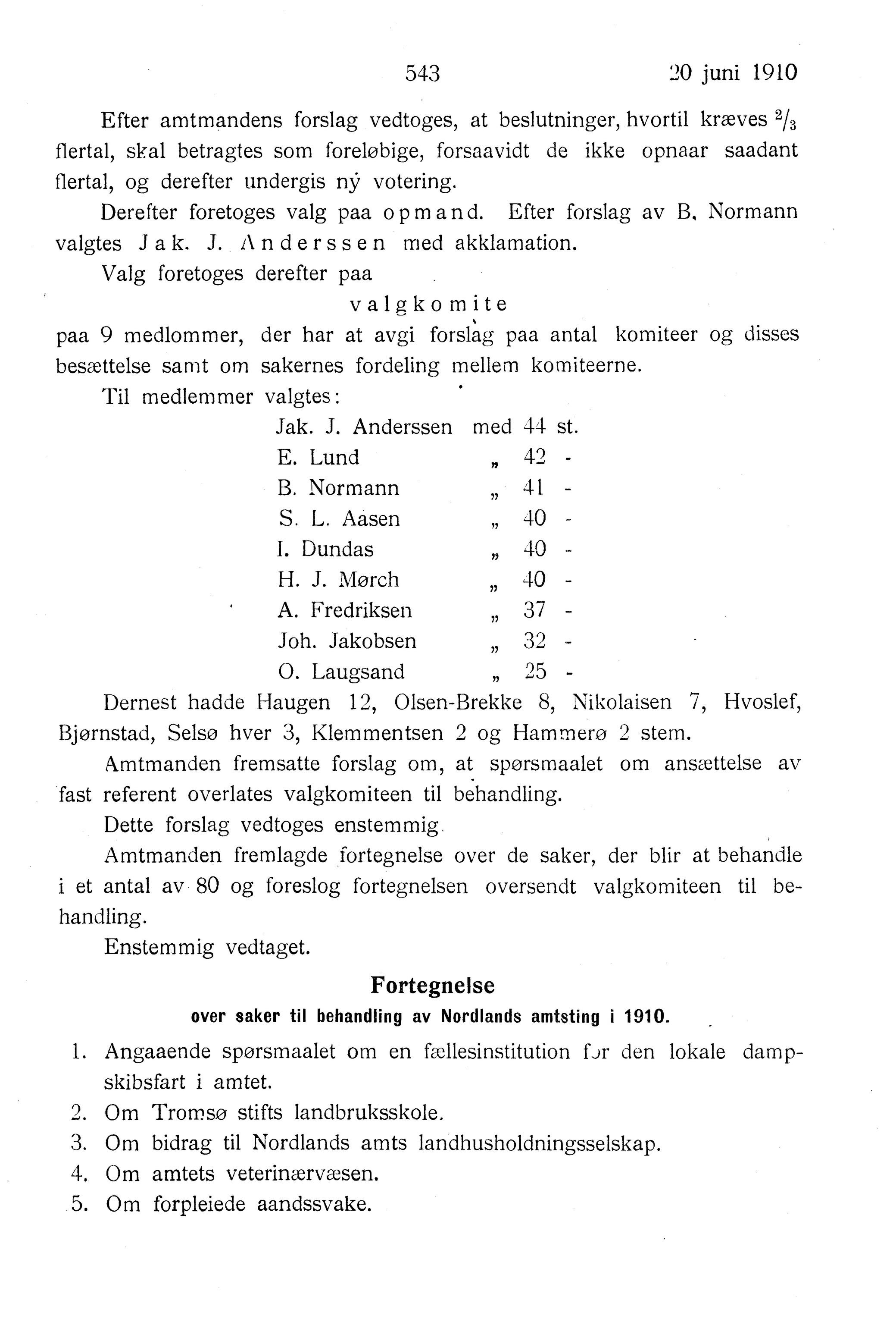 Nordland Fylkeskommune. Fylkestinget, AIN/NFK-17/176/A/Ac/L0033: Fylkestingsforhandlinger 1910, 1910, p. 543