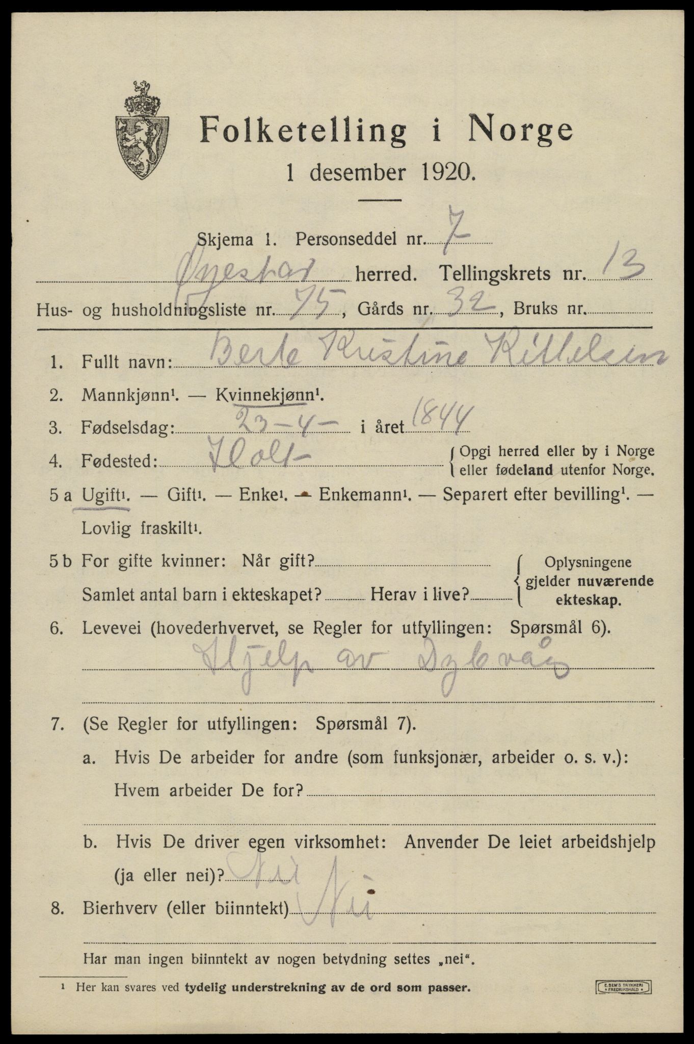 SAK, 1920 census for Øyestad, 1920, p. 8916