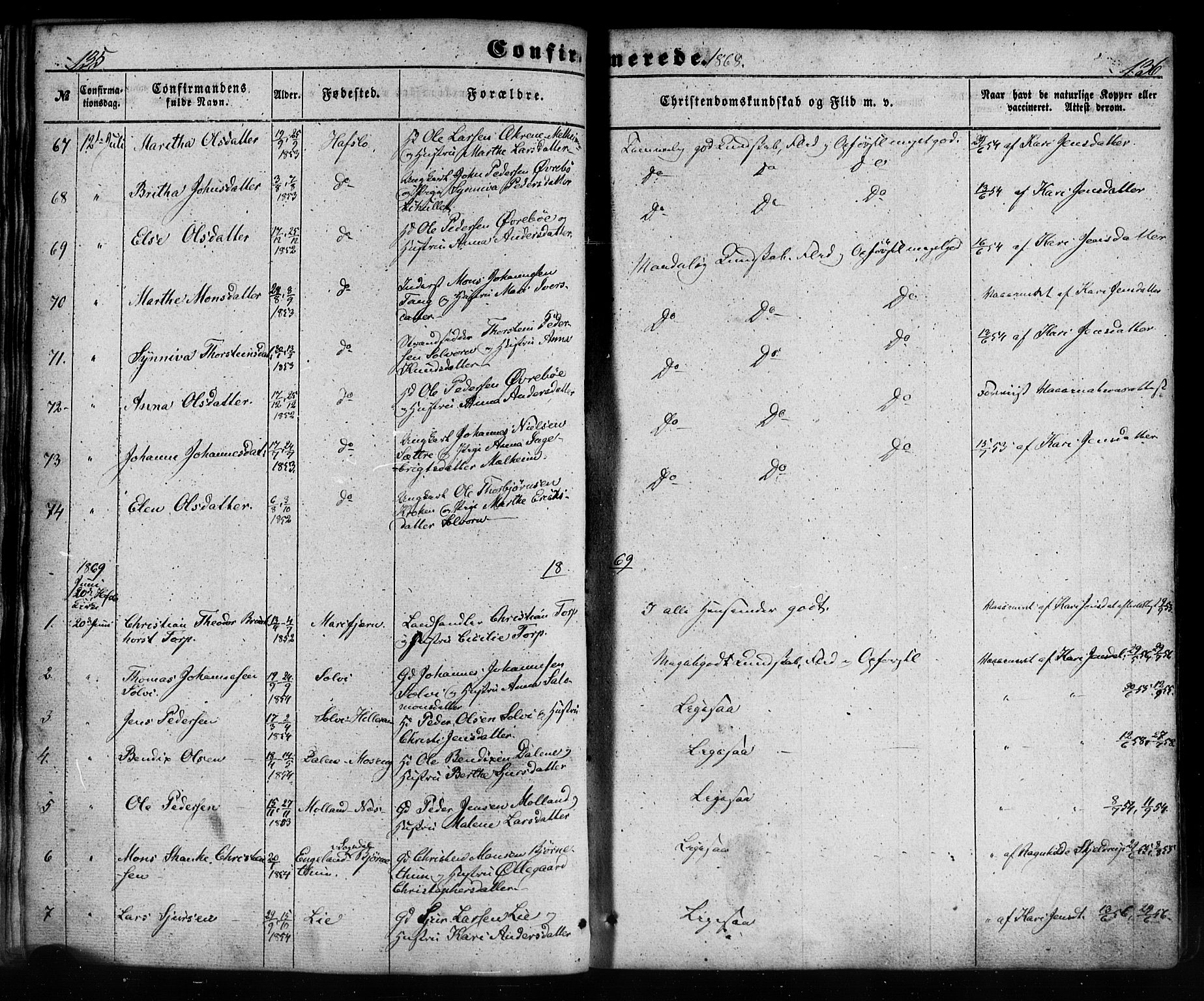 Hafslo sokneprestembete, SAB/A-80301/H/Haa/Haaa/L0012: Parish register (official) no. A 12, 1852-1885, p. 136-137