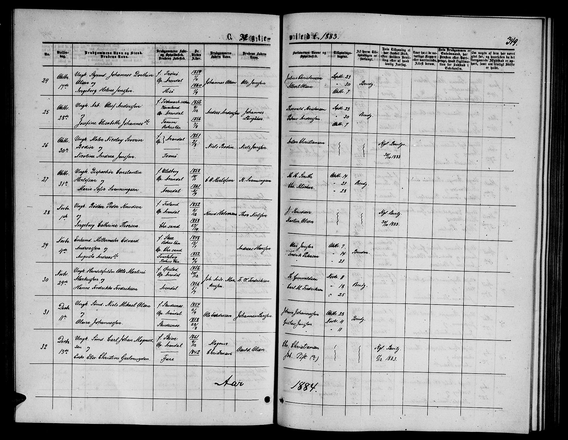 Arendal sokneprestkontor, Trefoldighet, AV/SAK-1111-0040/F/Fb/L0005: Parish register (copy) no. B 5, 1874-1888, p. 349