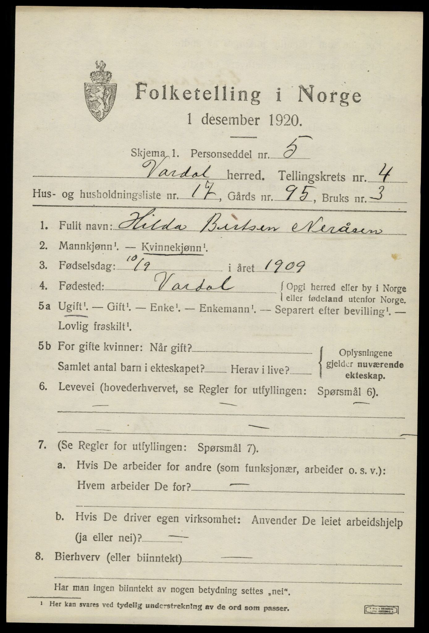 SAH, 1920 census for Vardal, 1920, p. 3029