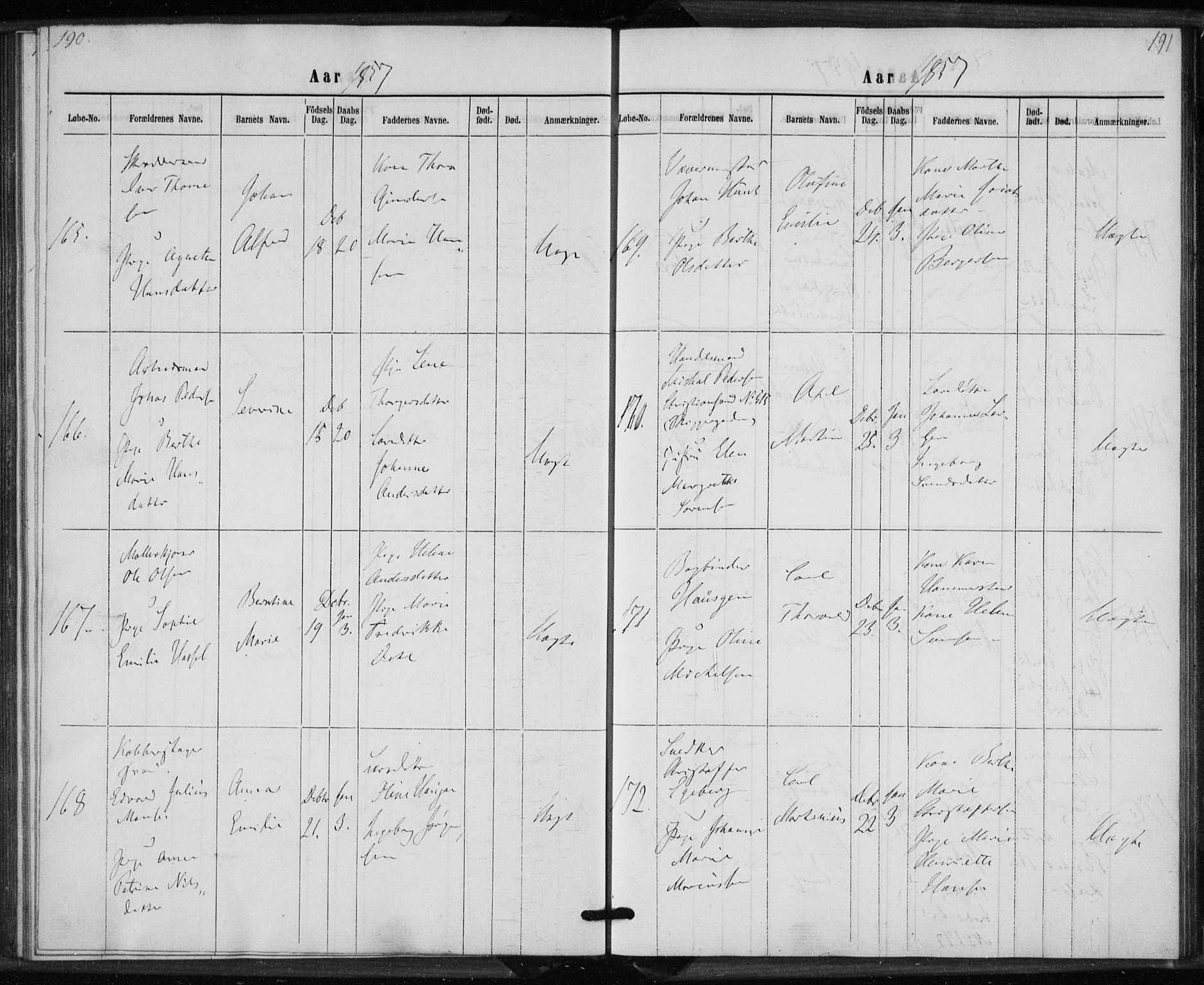 Rikshospitalet prestekontor Kirkebøker, SAO/A-10309b/K/L0002/0001: Baptism register no. 2.1, 1854-1860, p. 190-191