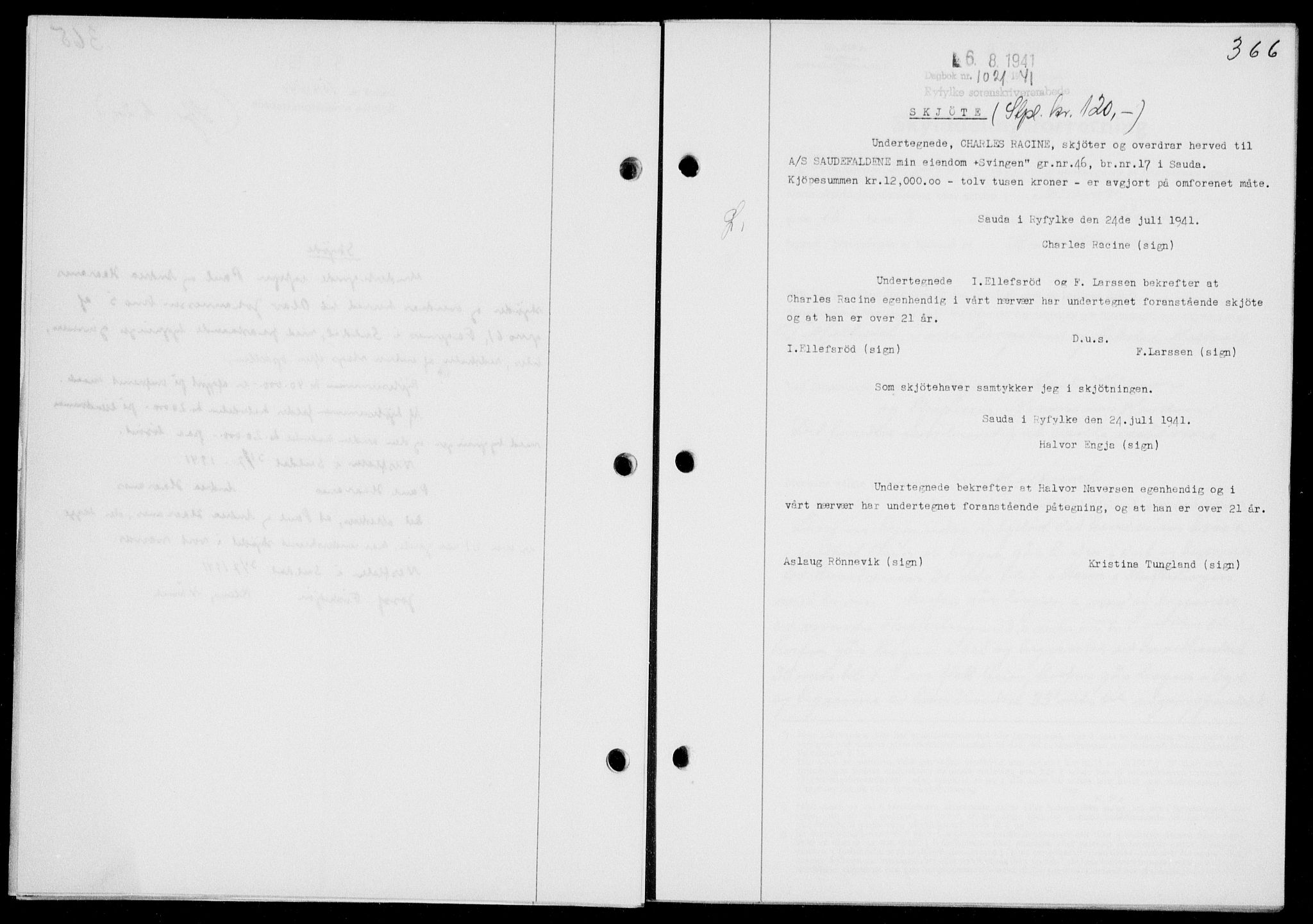 Ryfylke tingrett, SAST/A-100055/001/II/IIB/L0085: Mortgage book no. 64, 1941-1941, Diary no: : 1021/1941