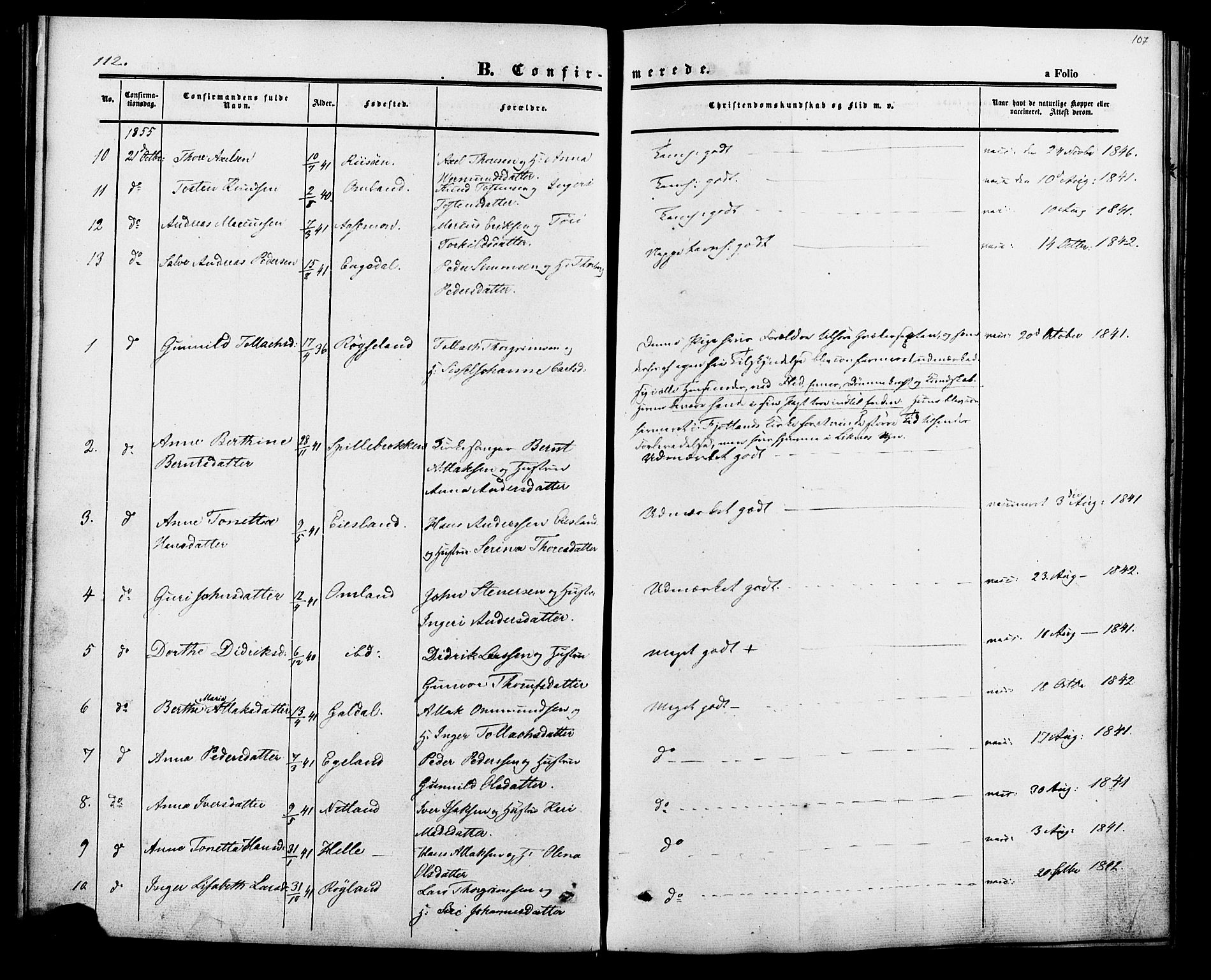 Fjotland sokneprestkontor, AV/SAK-1111-0010/F/Fa/L0001: Parish register (official) no. A 1, 1850-1879, p. 107