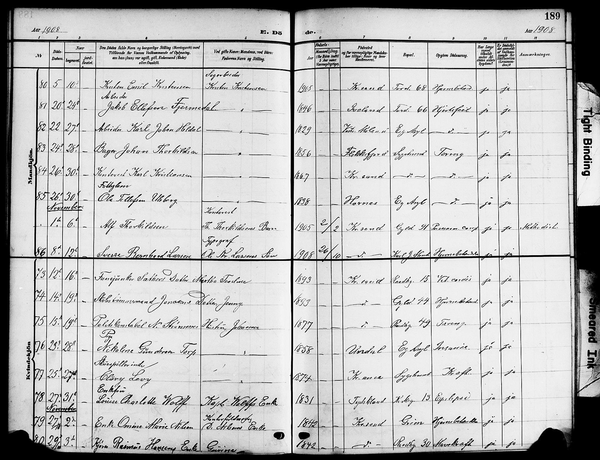 Kristiansand domprosti, AV/SAK-1112-0006/F/Fb/L0020: Parish register (copy) no. B 20, 1906-1915, p. 189