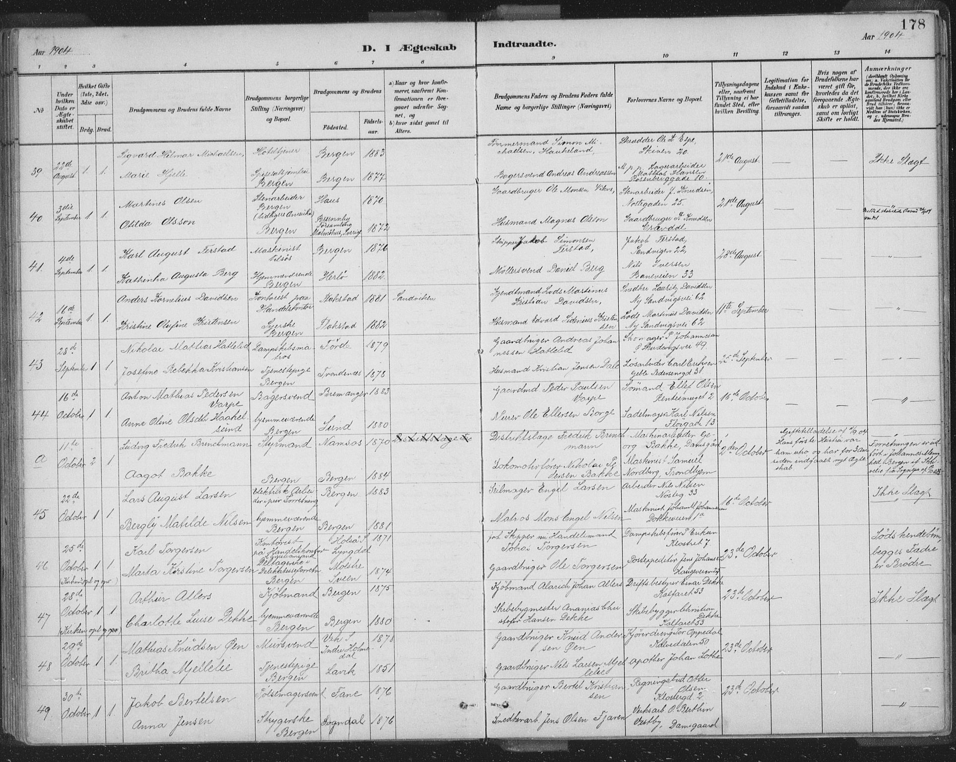 Domkirken sokneprestembete, AV/SAB-A-74801/H/Hab/L0032: Parish register (copy) no. D 4, 1880-1907, p. 178