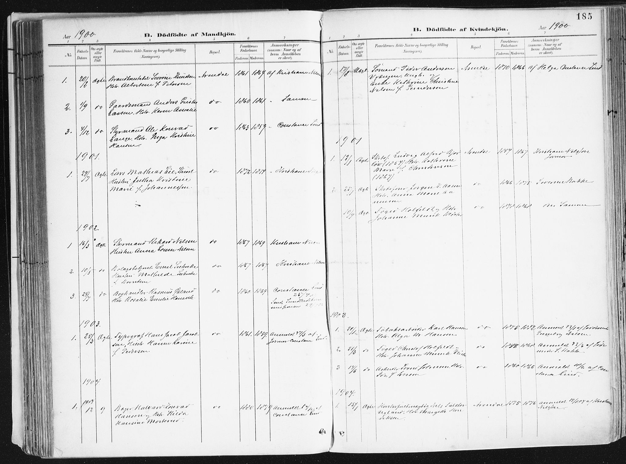 Arendal sokneprestkontor, Trefoldighet, AV/SAK-1111-0040/F/Fa/L0010: Parish register (official) no. A 10, 1900-1919, p. 185