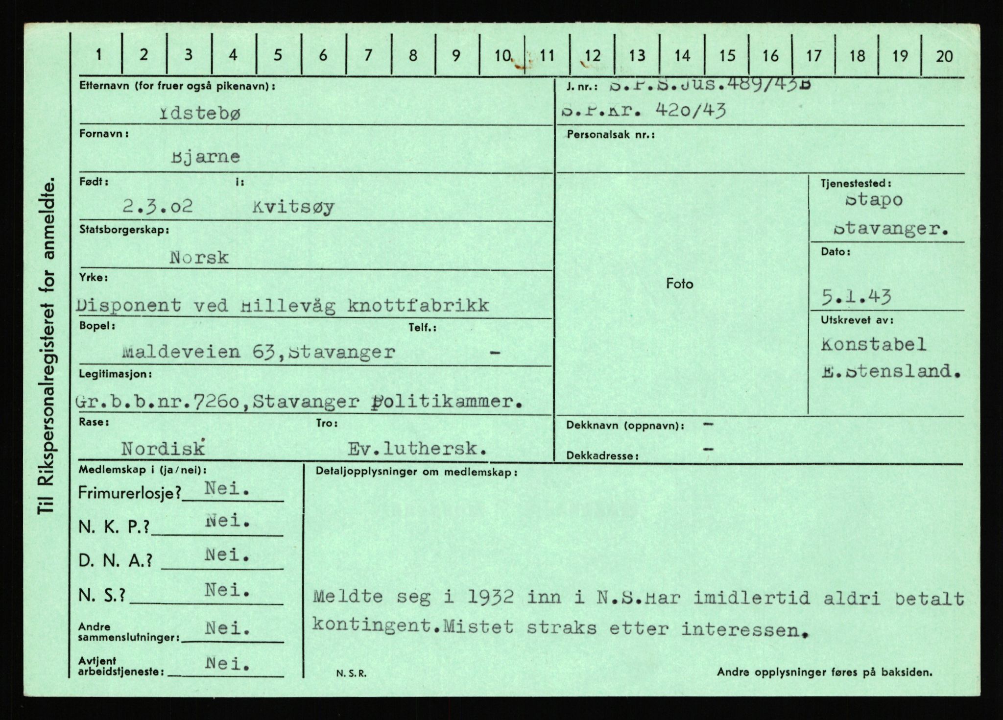 Statspolitiet - Hovedkontoret / Osloavdelingen, AV/RA-S-1329/C/Ca/L0016: Uberg - Øystese, 1943-1945, p. 3216