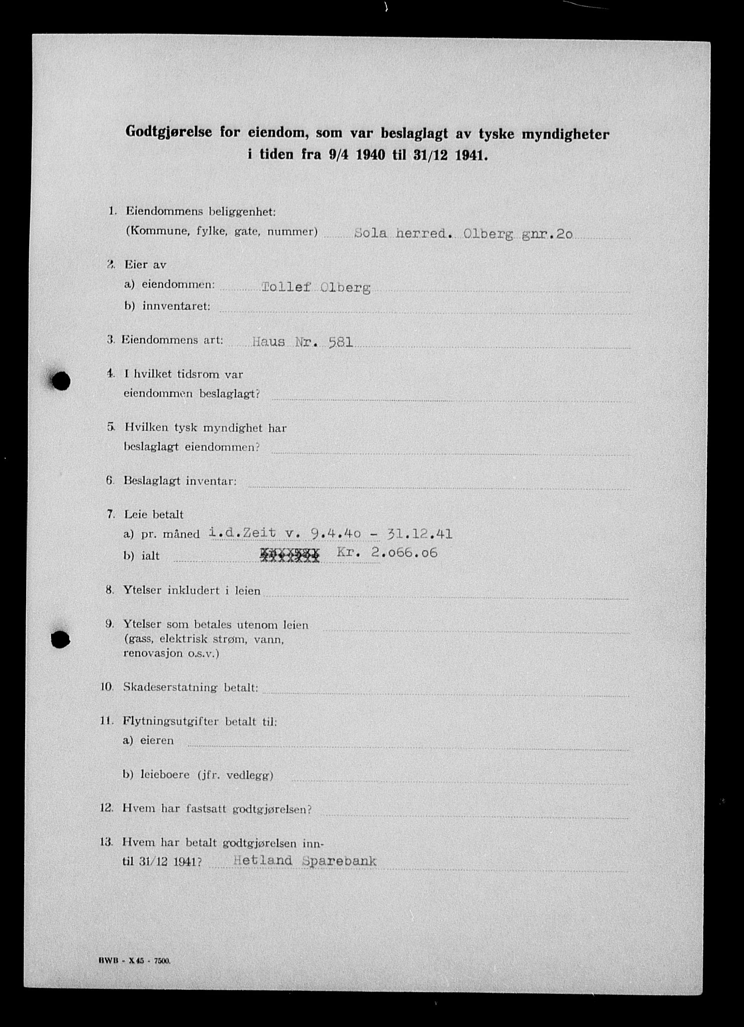Justisdepartementet, Tilbakeføringskontoret for inndratte formuer, AV/RA-S-1564/I/L1015: Godtgjørelse for beslaglagt eiendom, 1940-1941, p. 42
