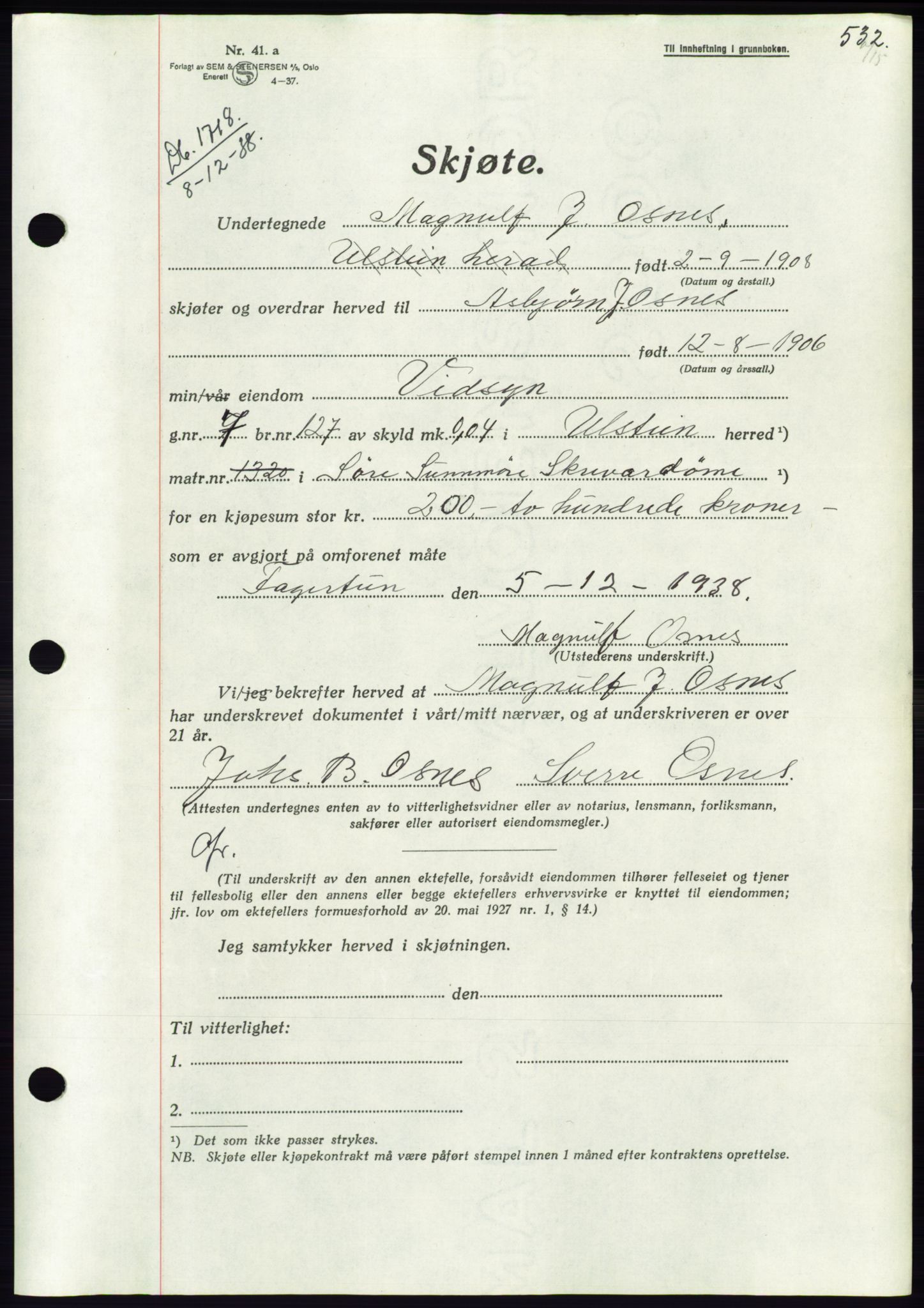 Søre Sunnmøre sorenskriveri, AV/SAT-A-4122/1/2/2C/L0066: Mortgage book no. 60, 1938-1938, Diary no: : 1718/1938