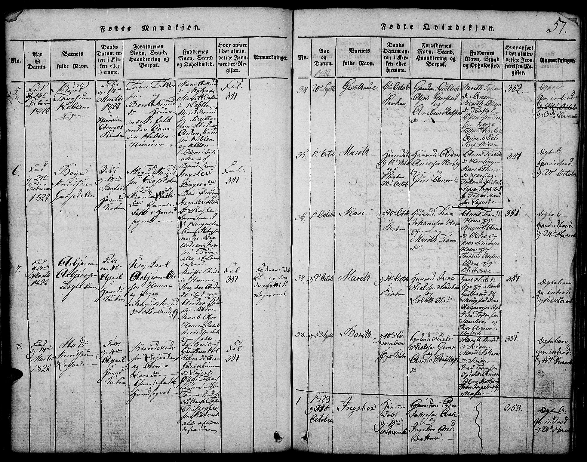 Vang prestekontor, Valdres, SAH/PREST-140/H/Hb/L0002: Parish register (copy) no. 2, 1814-1889, p. 57