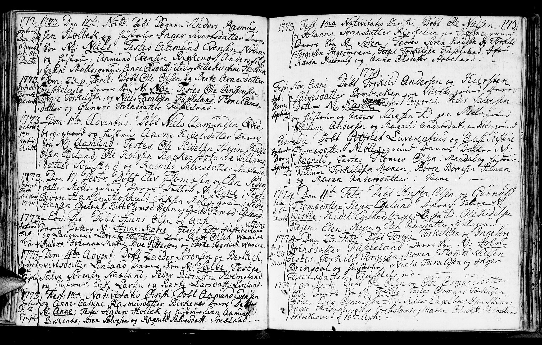 Holum sokneprestkontor, AV/SAK-1111-0022/F/Fa/Faa/L0002: Parish register (official) no. A 2, 1756-1780, p. 172-173