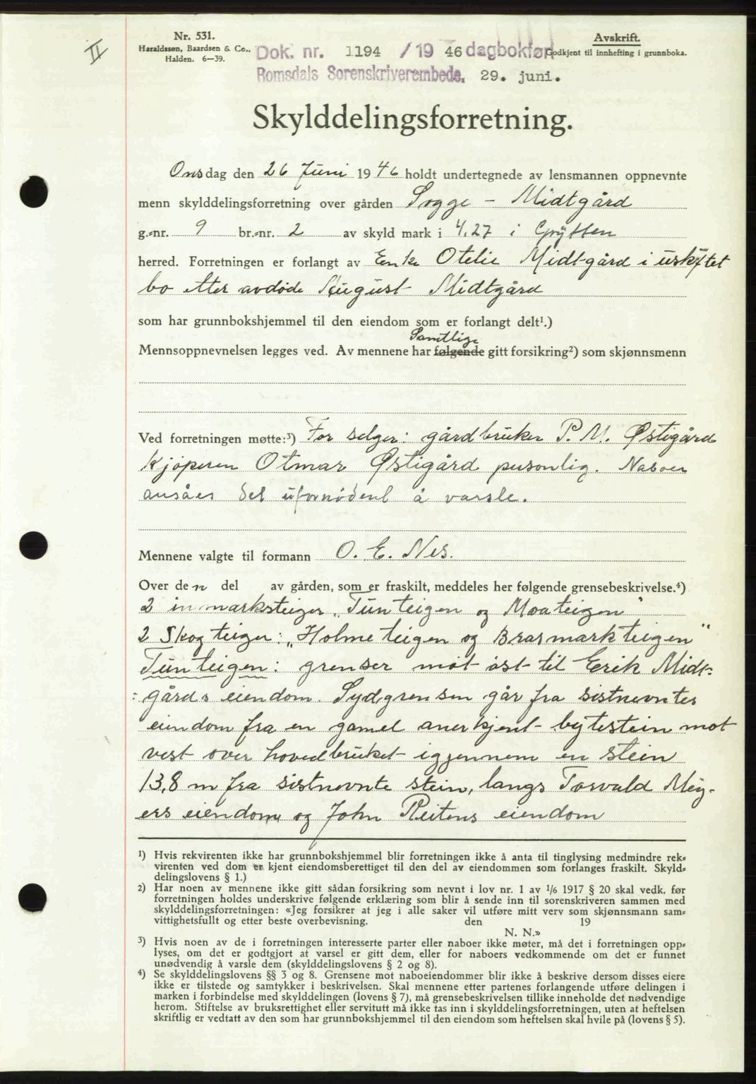 Romsdal sorenskriveri, AV/SAT-A-4149/1/2/2C: Mortgage book no. A20, 1946-1946, Diary no: : 1194/1946