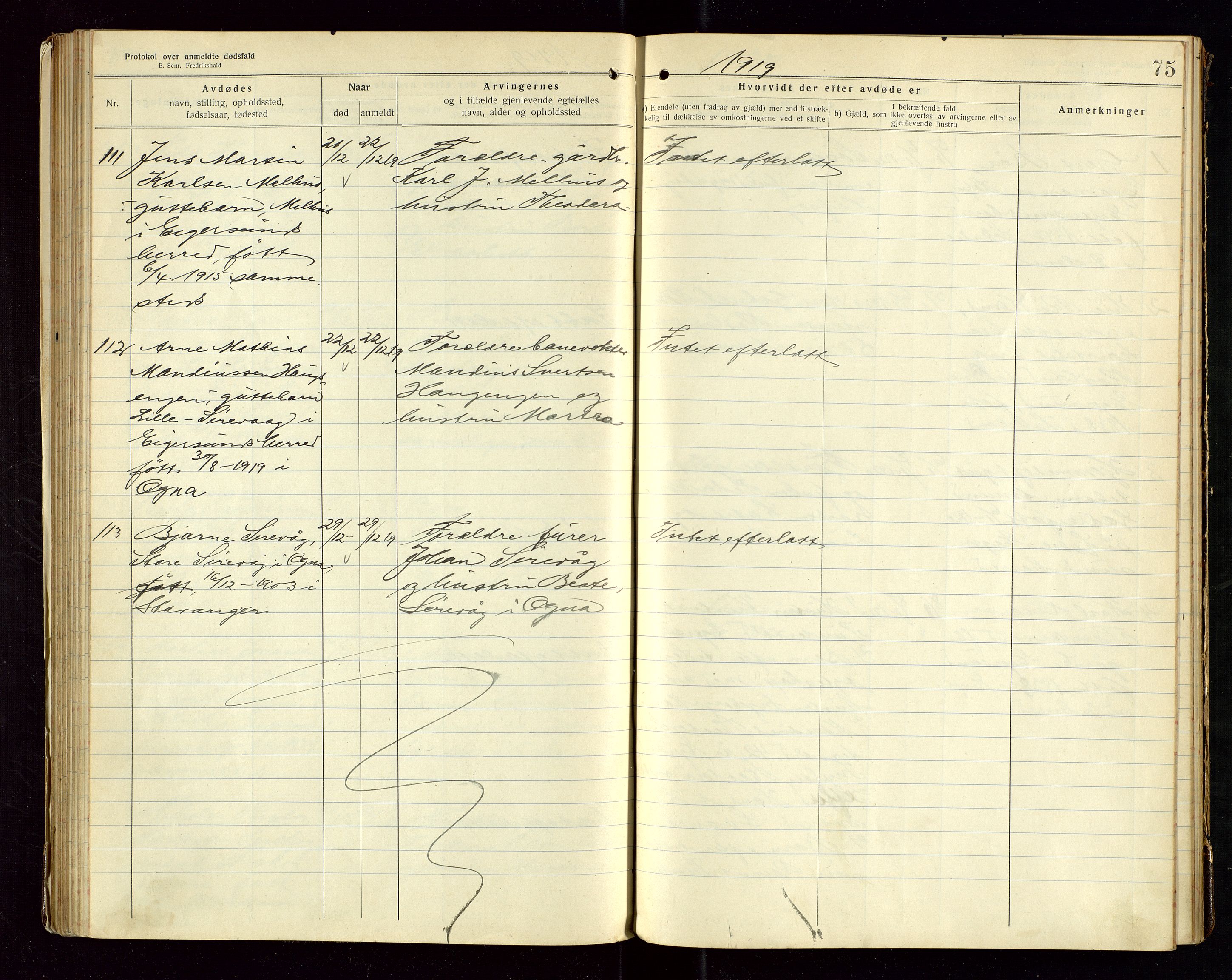 Eigersund lensmannskontor, AV/SAST-A-100171/Gga/L0007: "Protokol over anmeldte dødsfald" m/alfabetisk navneregister, 1917-1920, p. 75