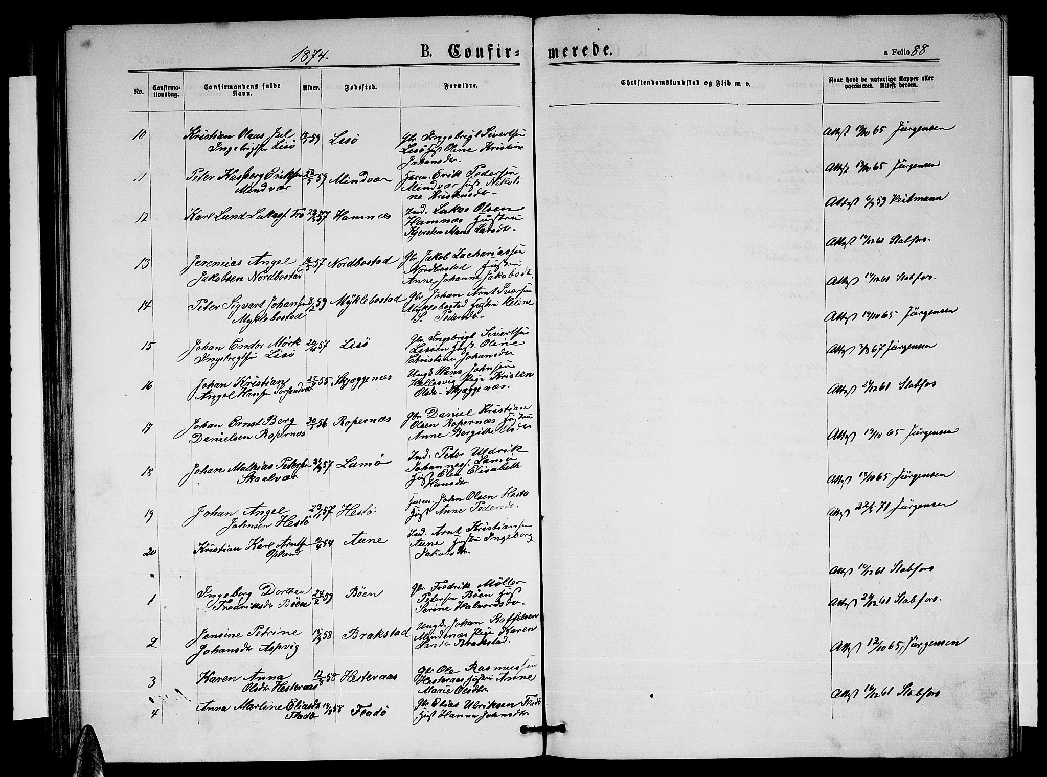 Ministerialprotokoller, klokkerbøker og fødselsregistre - Nordland, AV/SAT-A-1459/817/L0267: Parish register (copy) no. 817C02, 1870-1883, p. 88