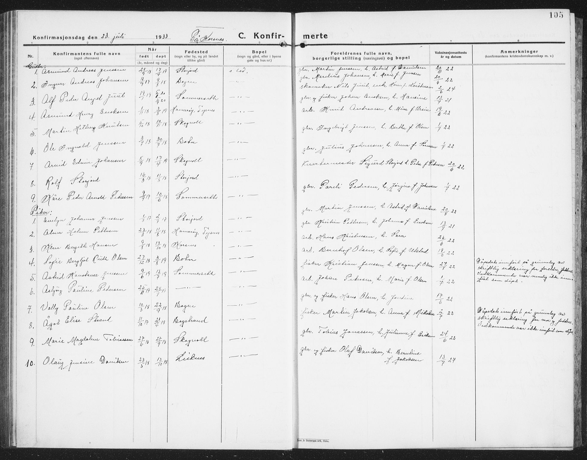 Ministerialprotokoller, klokkerbøker og fødselsregistre - Nordland, SAT/A-1459/861/L0879: Parish register (copy) no. 861C05, 1926-1939, p. 105
