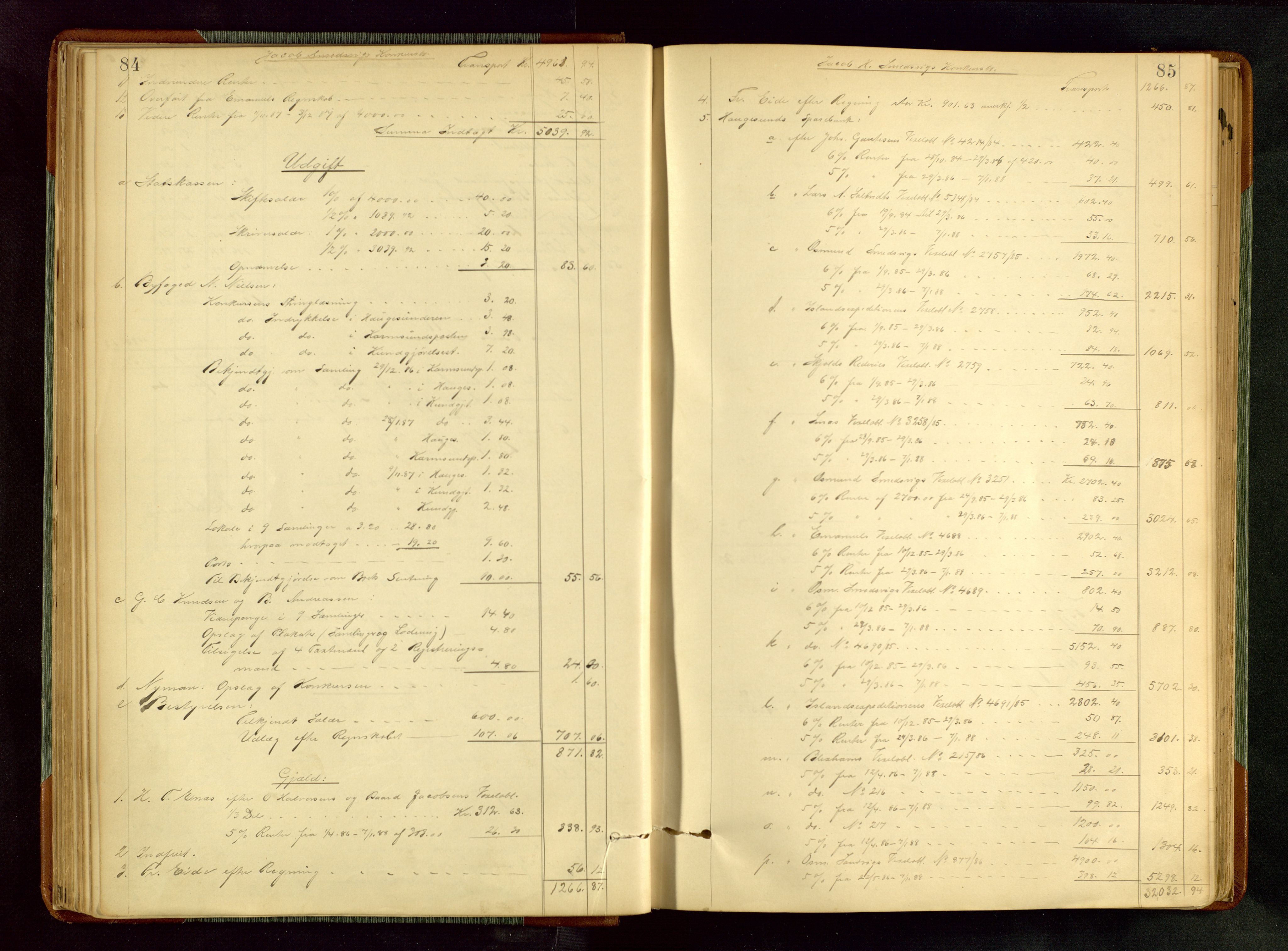 Haugesund tingrett, AV/SAST-A-101415/01/IV/IVA/L0005: Skifteprotokoll med register, 1887-1900, p. 84-85