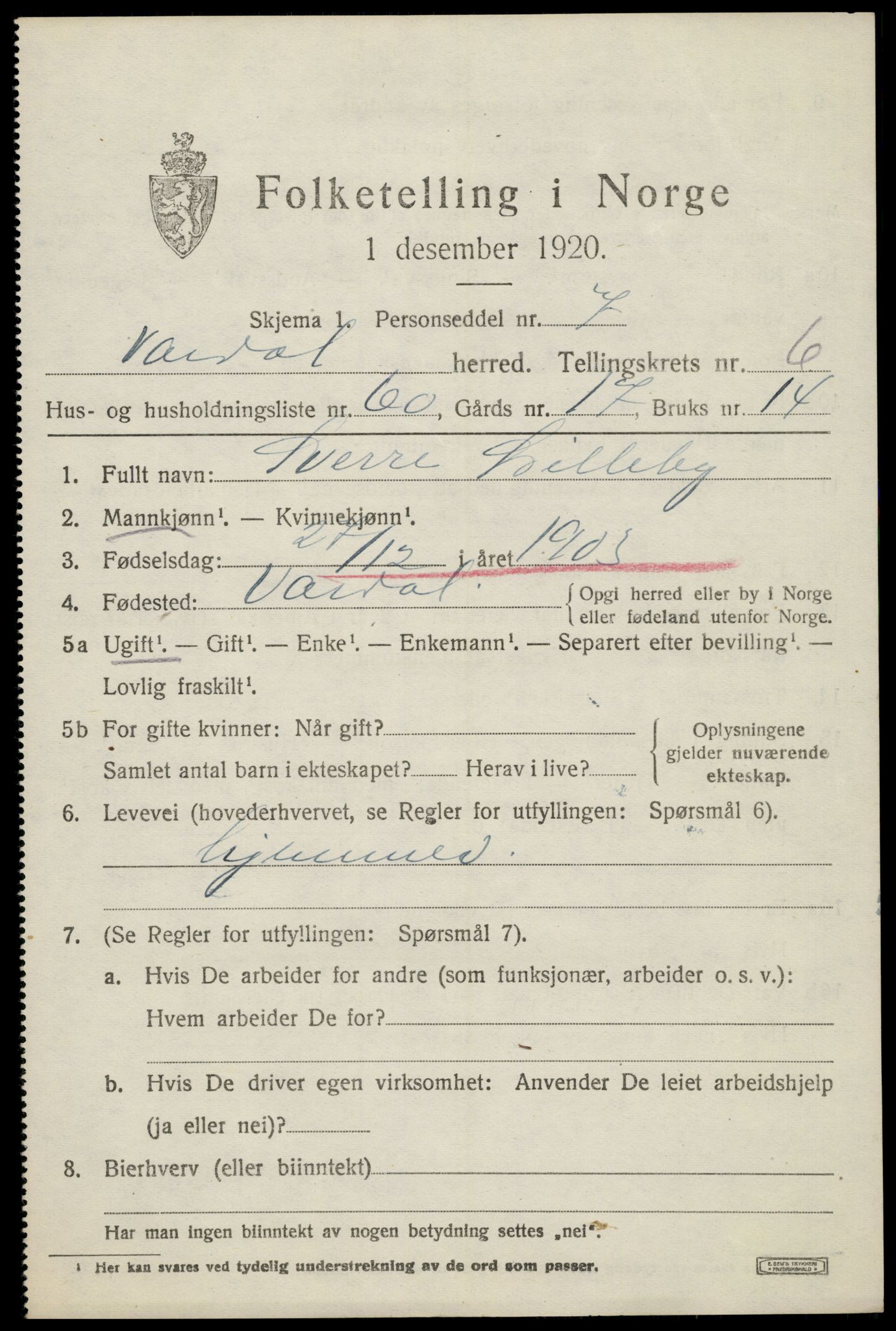 SAH, 1920 census for Vardal, 1920, p. 4565