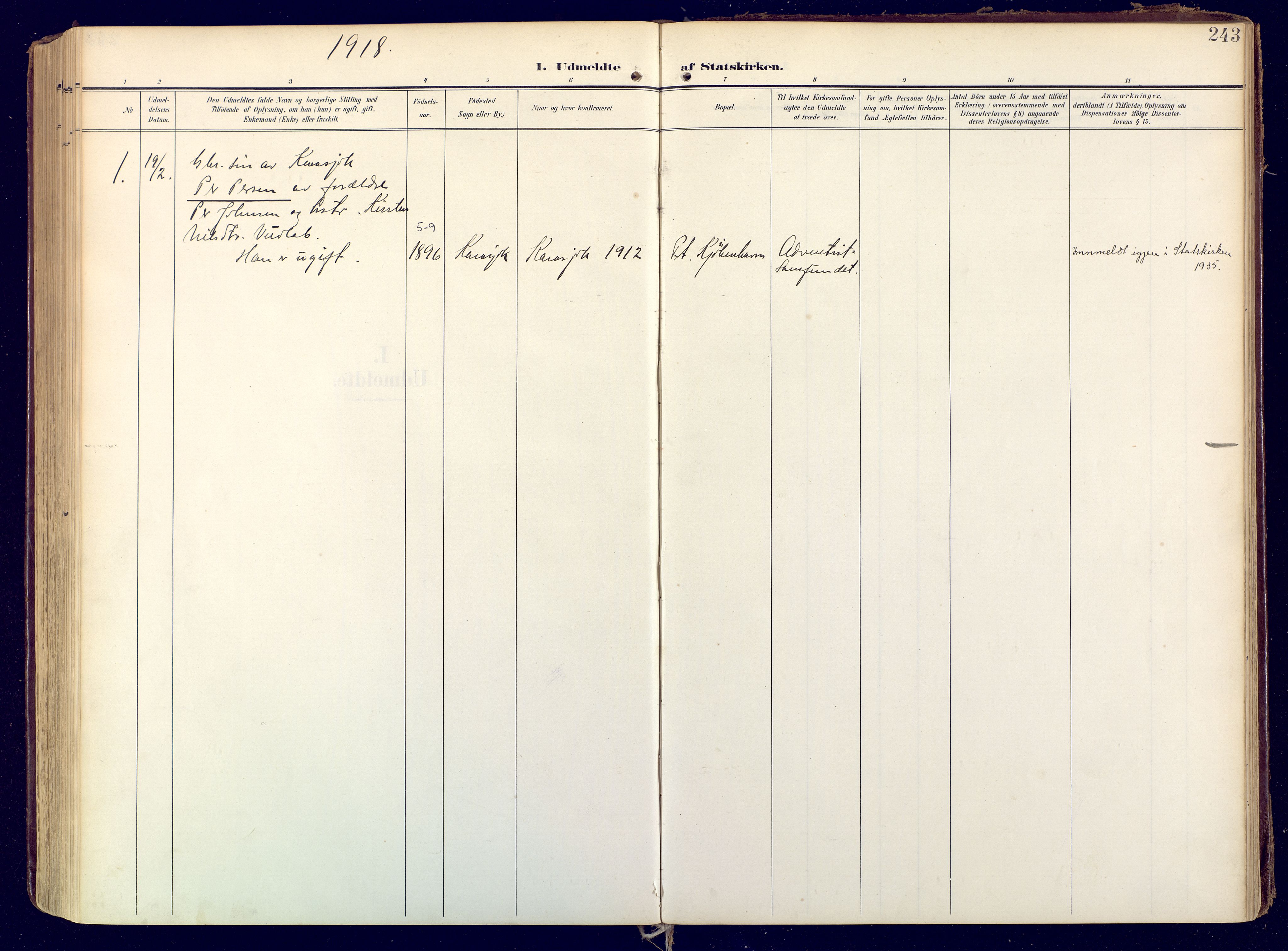 Karasjok sokneprestkontor, SATØ/S-1352/H/Ha: Parish register (official) no. 3, 1907-1926, p. 243