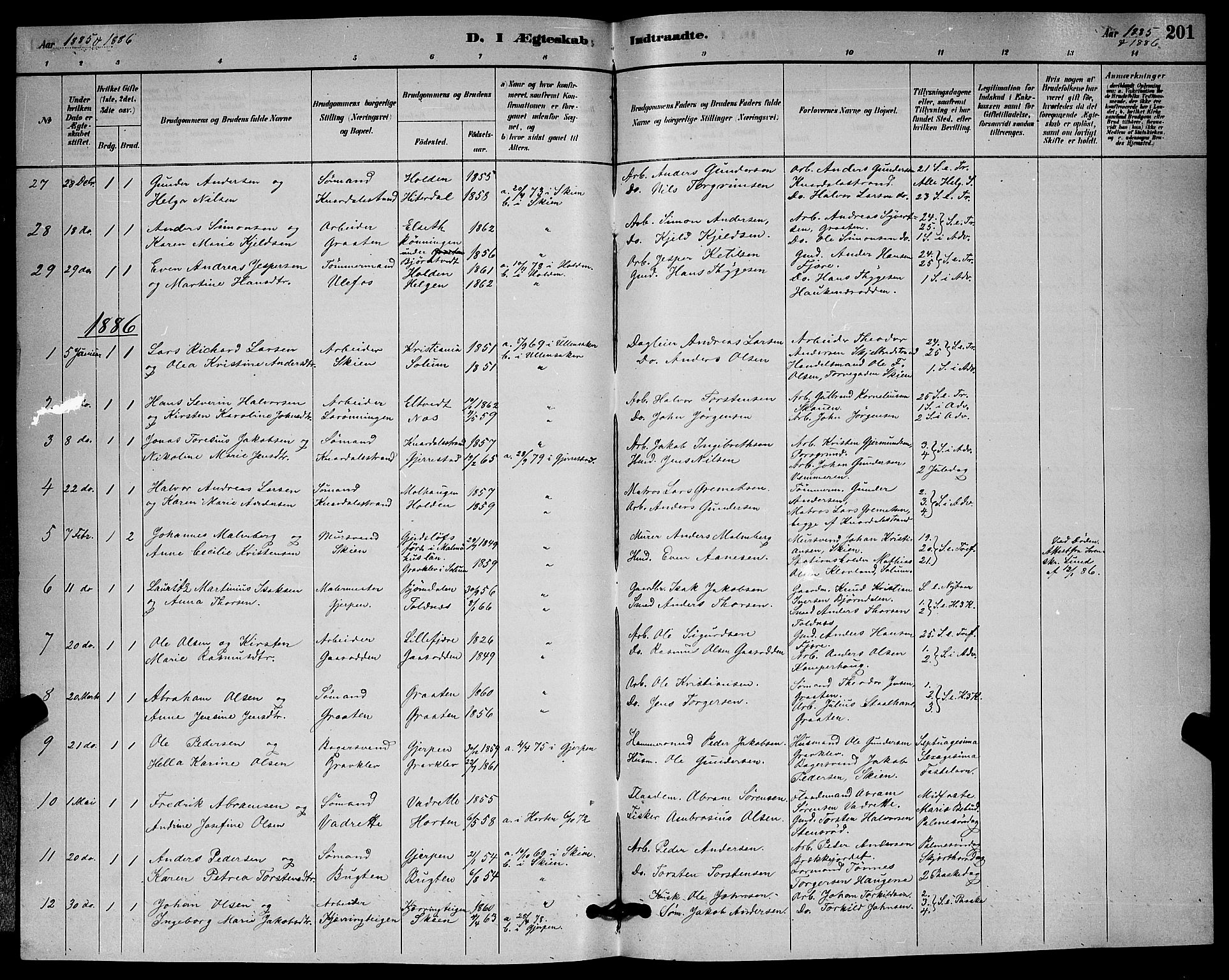 Solum kirkebøker, SAKO/A-306/G/Ga/L0007: Parish register (copy) no. I 7, 1884-1898, p. 201