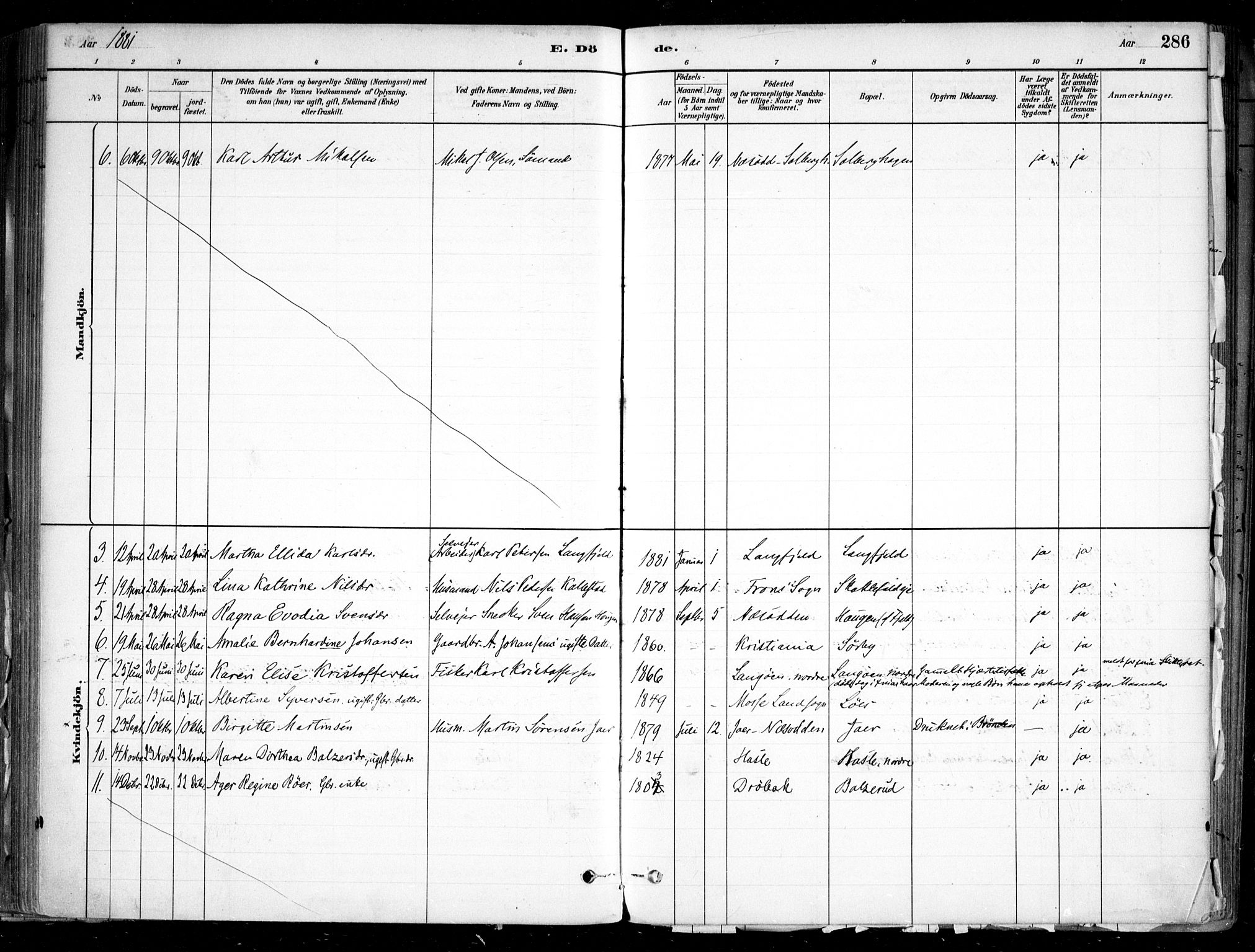 Nesodden prestekontor Kirkebøker, SAO/A-10013/F/Fa/L0009: Parish register (official) no. I 9, 1880-1915, p. 286