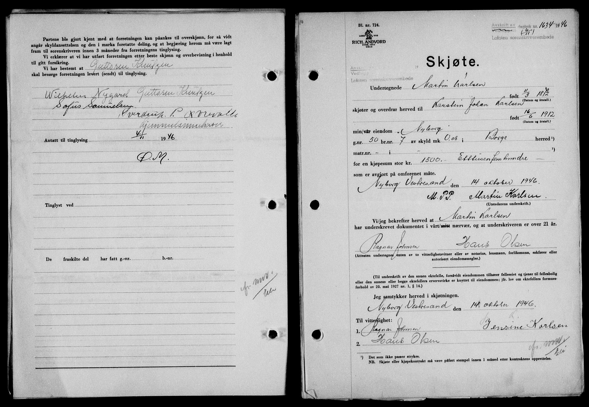 Lofoten sorenskriveri, SAT/A-0017/1/2/2C/L0015a: Mortgage book no. 15a, 1946-1947, Diary no: : 1634/1946