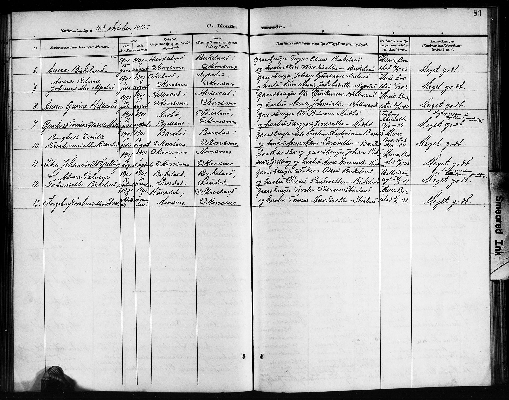 Nord-Audnedal sokneprestkontor, SAK/1111-0032/F/Fb/Fba/L0004: Parish register (copy) no. B 4, 1901-1917, p. 83