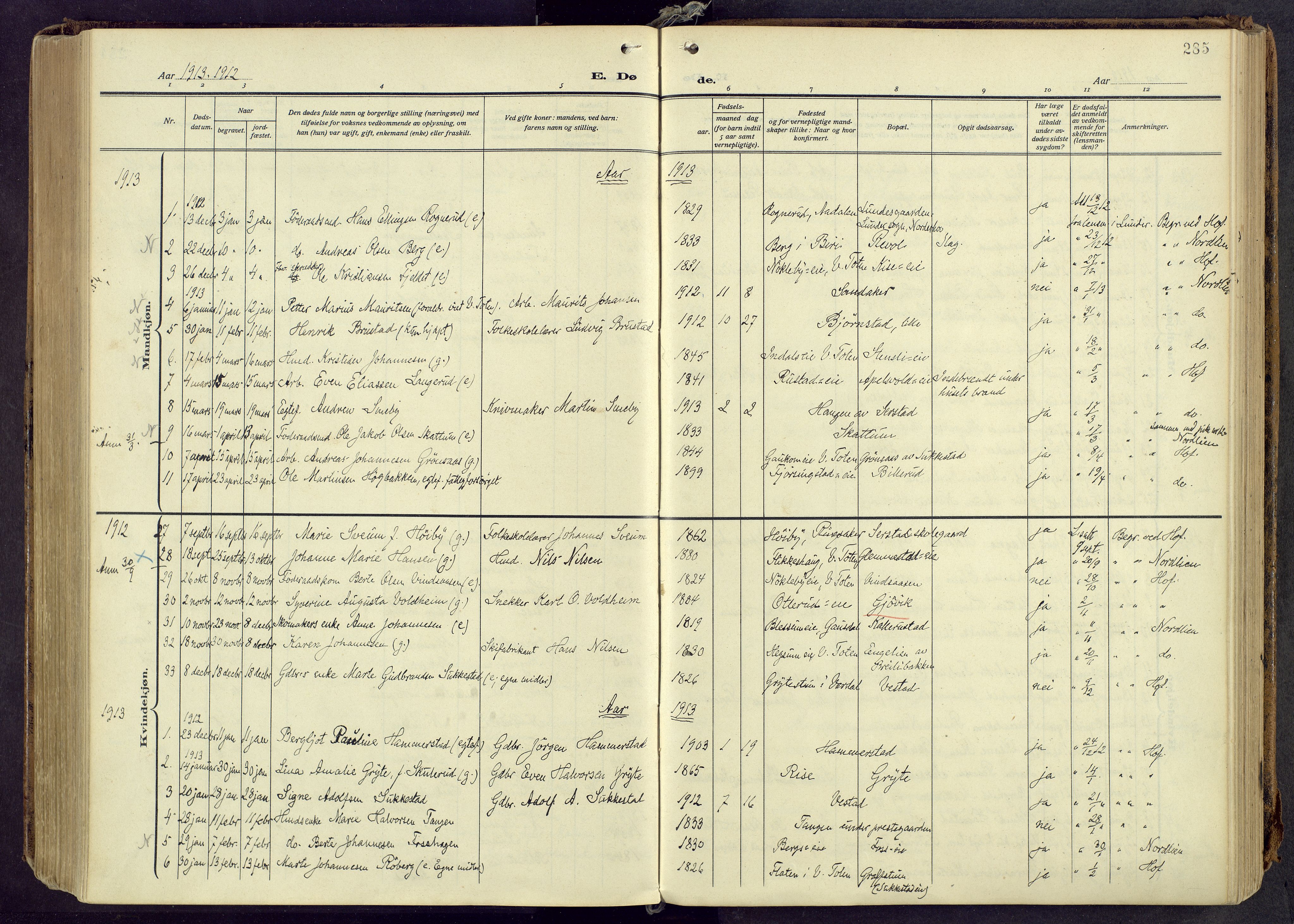 Østre Toten prestekontor, AV/SAH-PREST-104/H/Ha/Haa/L0010: Parish register (official) no. 10, 1910-1920, p. 285