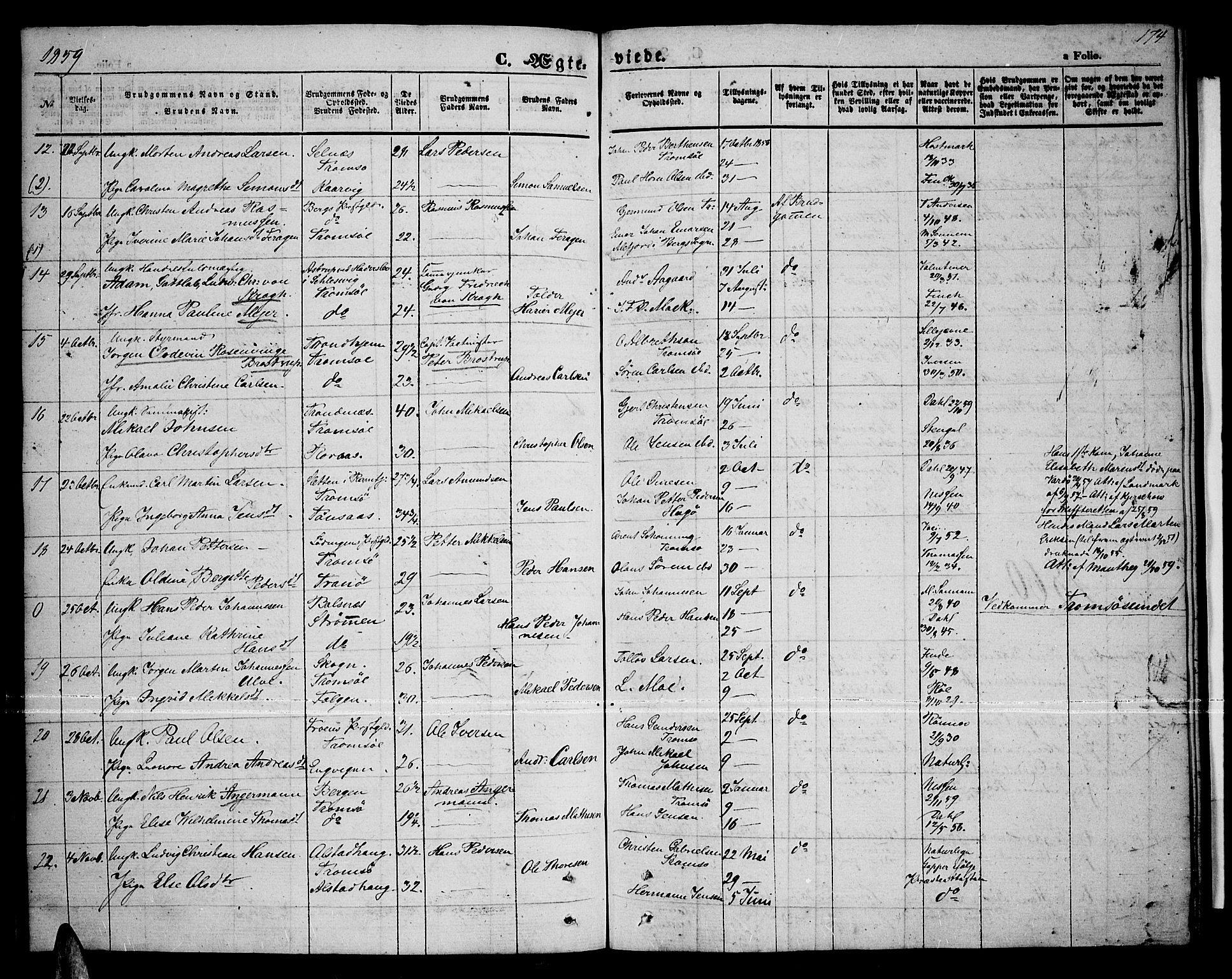 Tromsø sokneprestkontor/stiftsprosti/domprosti, AV/SATØ-S-1343/G/Gb/L0006klokker: Parish register (copy) no. 6, 1857-1866, p. 174